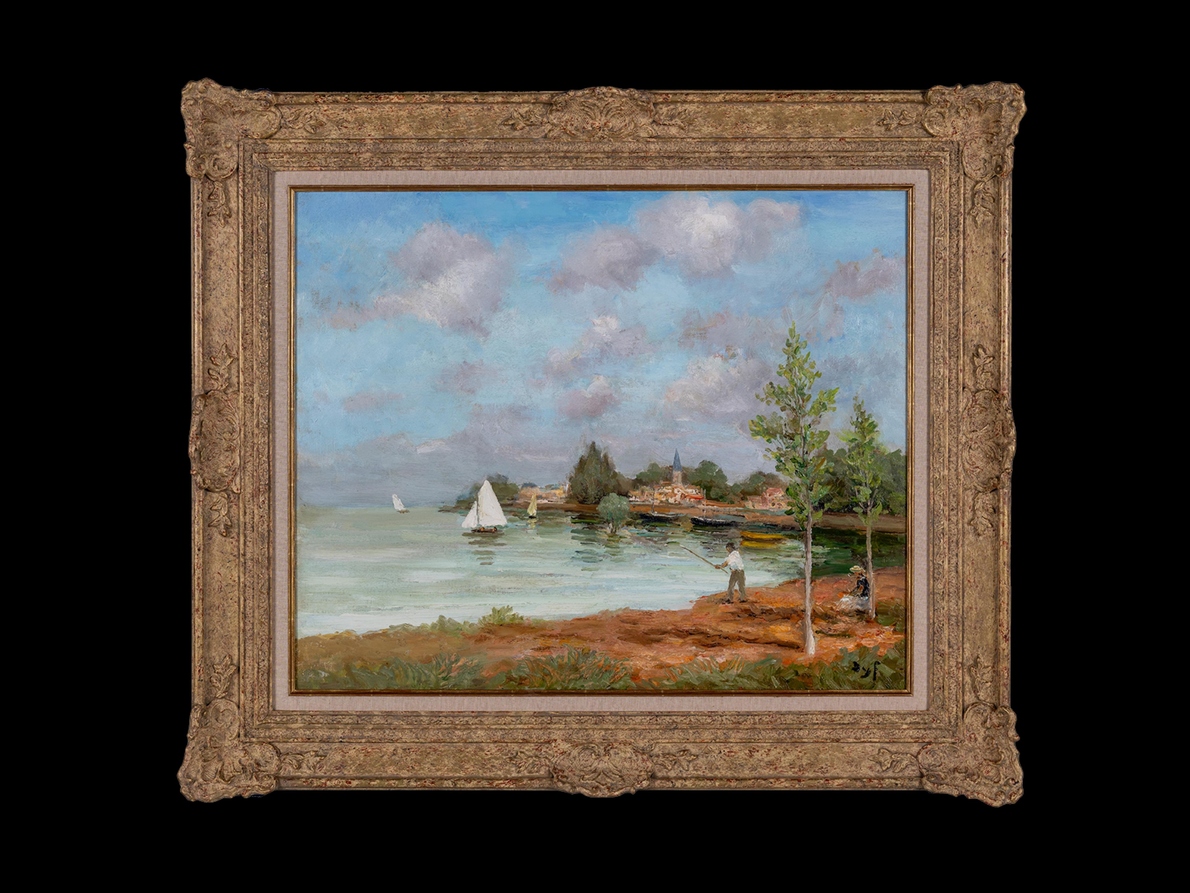 Après-midi d'été Impressionniste Provence Peinture de paysage, personnages, eau, bateau - Painting de Marcel Dyf