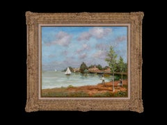 Summer Afternoon Impressionist Provence Landscape painting, figures, water, boat