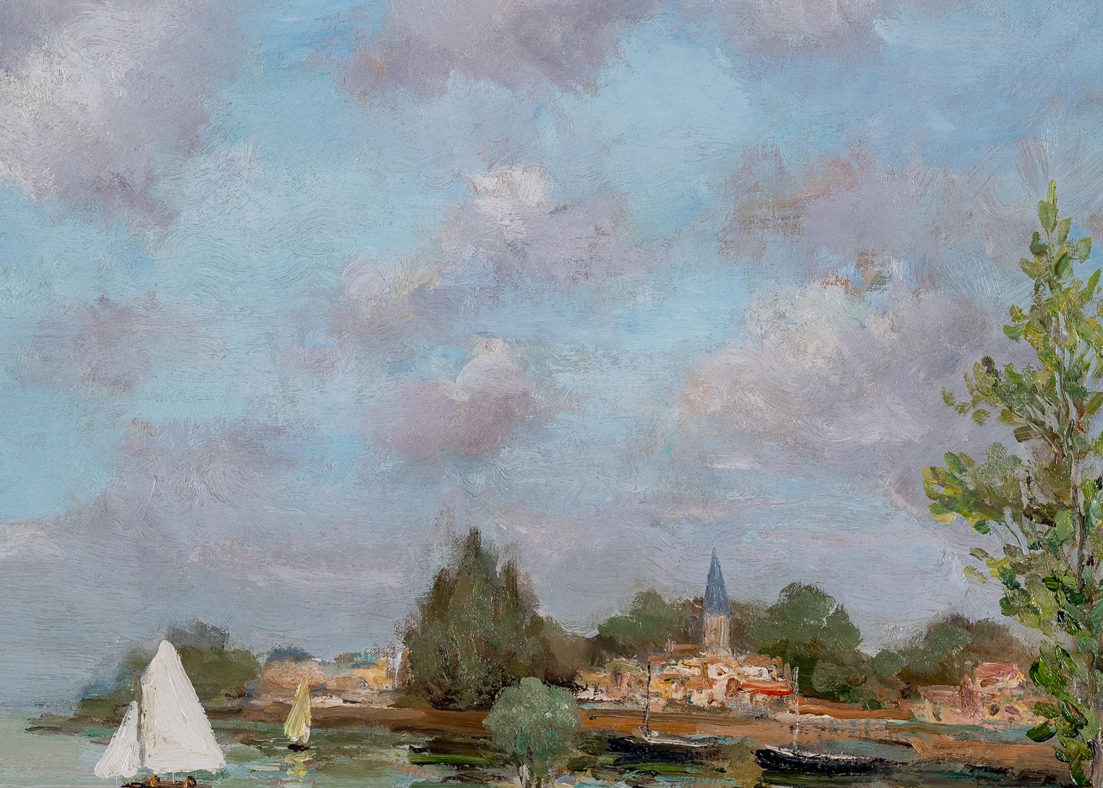 Après-midi d'été Impressionniste Provence Peinture de paysage, personnages, eau, bateau - Gris Landscape Painting par Marcel Dyf