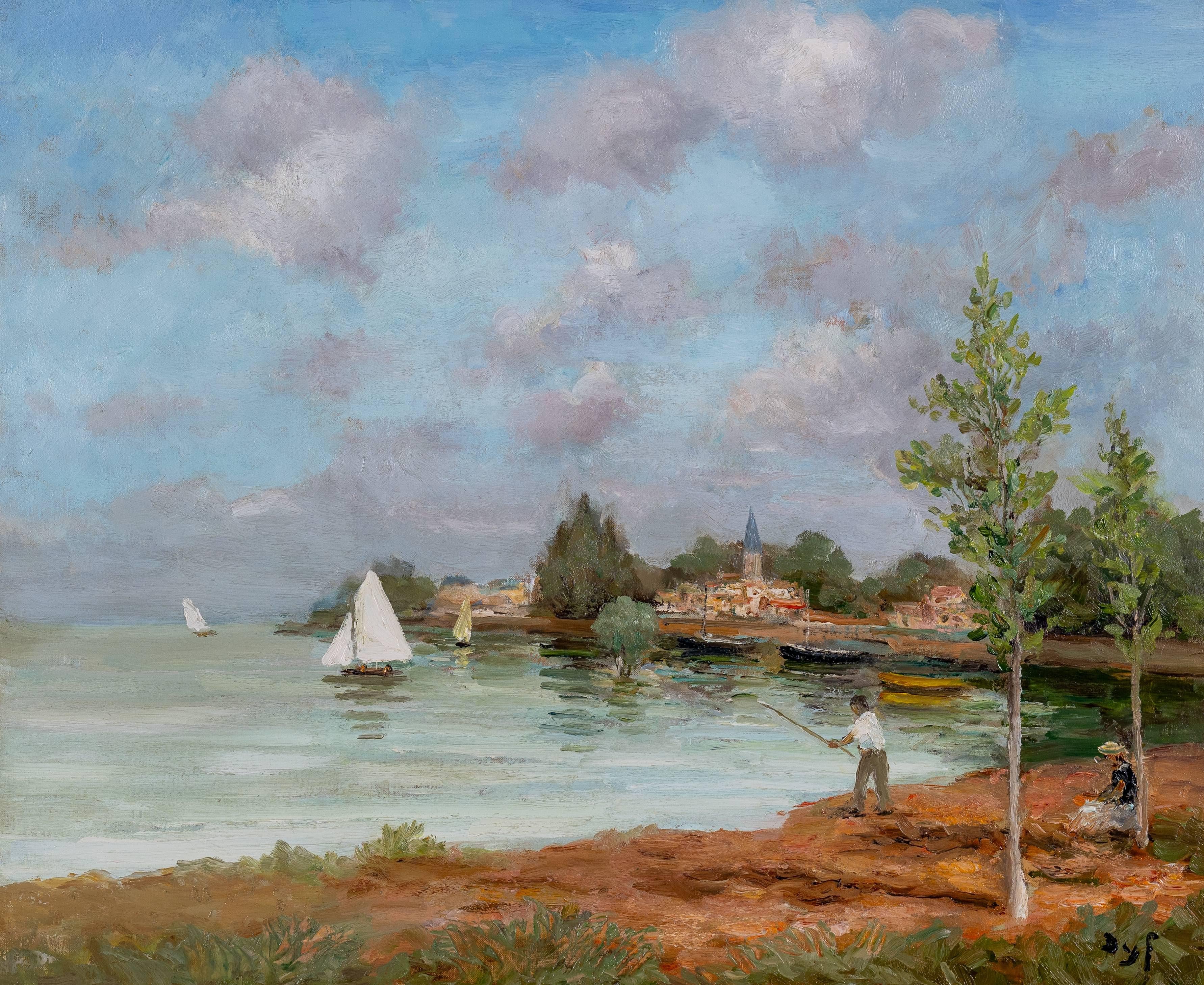 Landscape Painting Marcel Dyf - Après-midi d'été Impressionniste Provence Peinture de paysage, personnages, eau, bateau