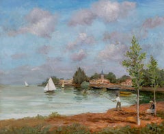 Sommernachmittag Impressionistische Provence Landschaftsgemälde, Figuren, Wasser, Boot