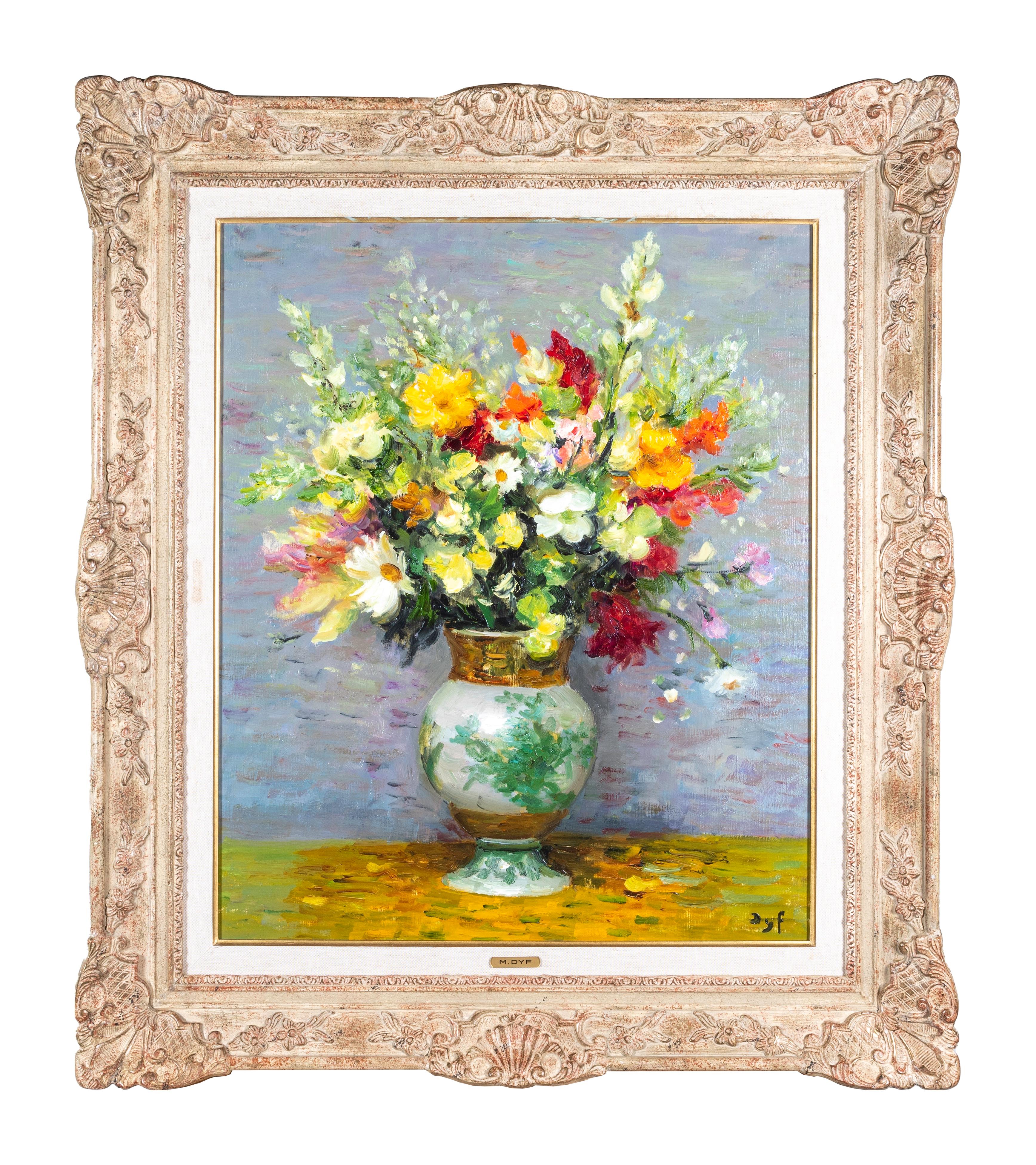 'Bouquet d'estate' quadro impressionista di natura morta con fiori arancioni, rossi e bianchi - Painting di Marcel Dyf