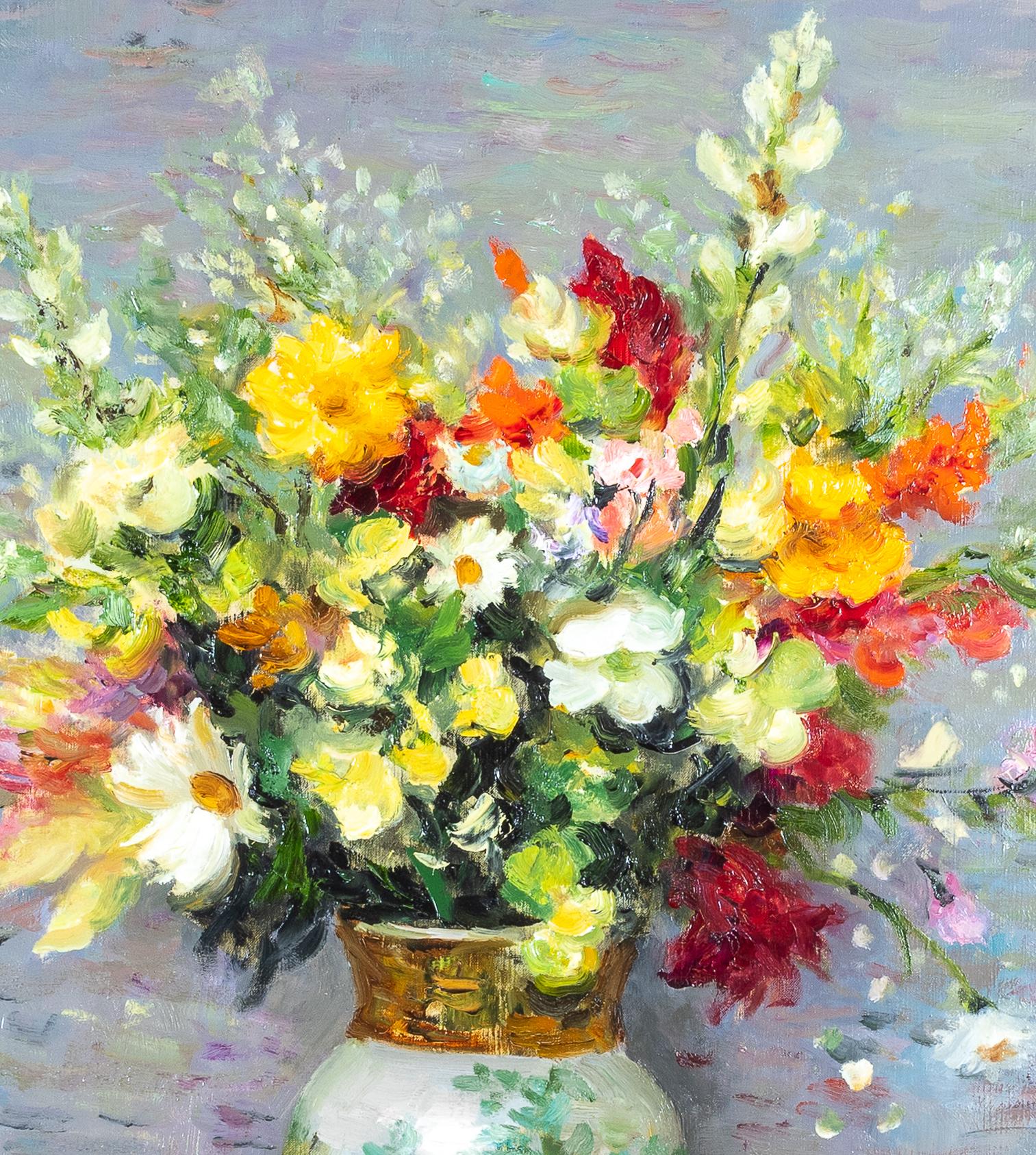 'Bouquet d'estate' quadro impressionista di natura morta con fiori arancioni, rossi e bianchi - Painting Impressionismo di Marcel Dyf