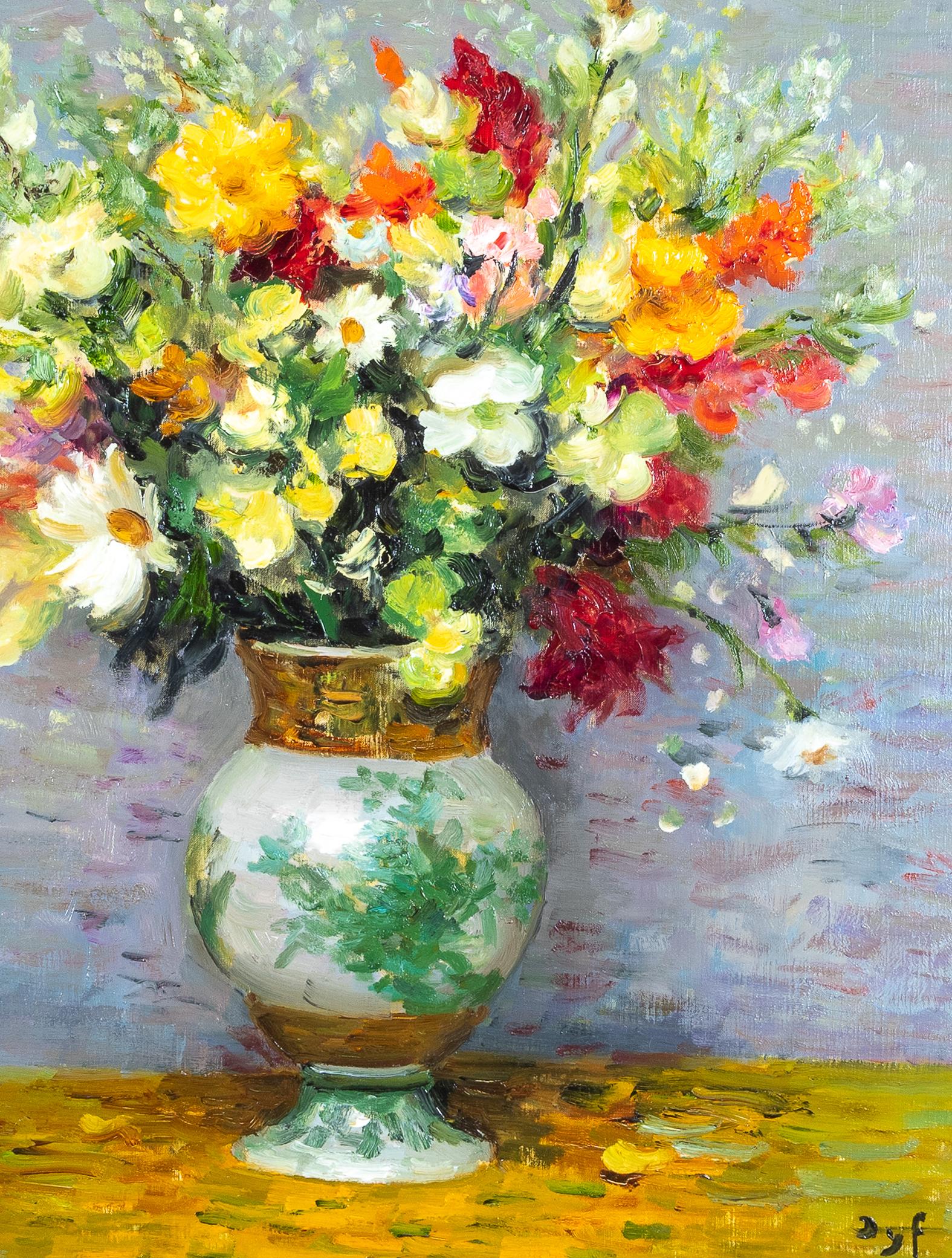 'Bouquet d'estate' quadro impressionista di natura morta con fiori arancioni, rossi e bianchi - Still-Life Painting Marrone di Marcel Dyf