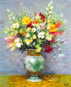 'Ramo de verano' Pintura impresionista de bodegón de flores naranjas, rojas y blancas