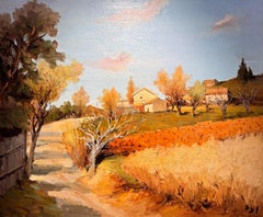 Le chemin de la colline Paysage impressionniste peinture de campagne, arbres, champs, or