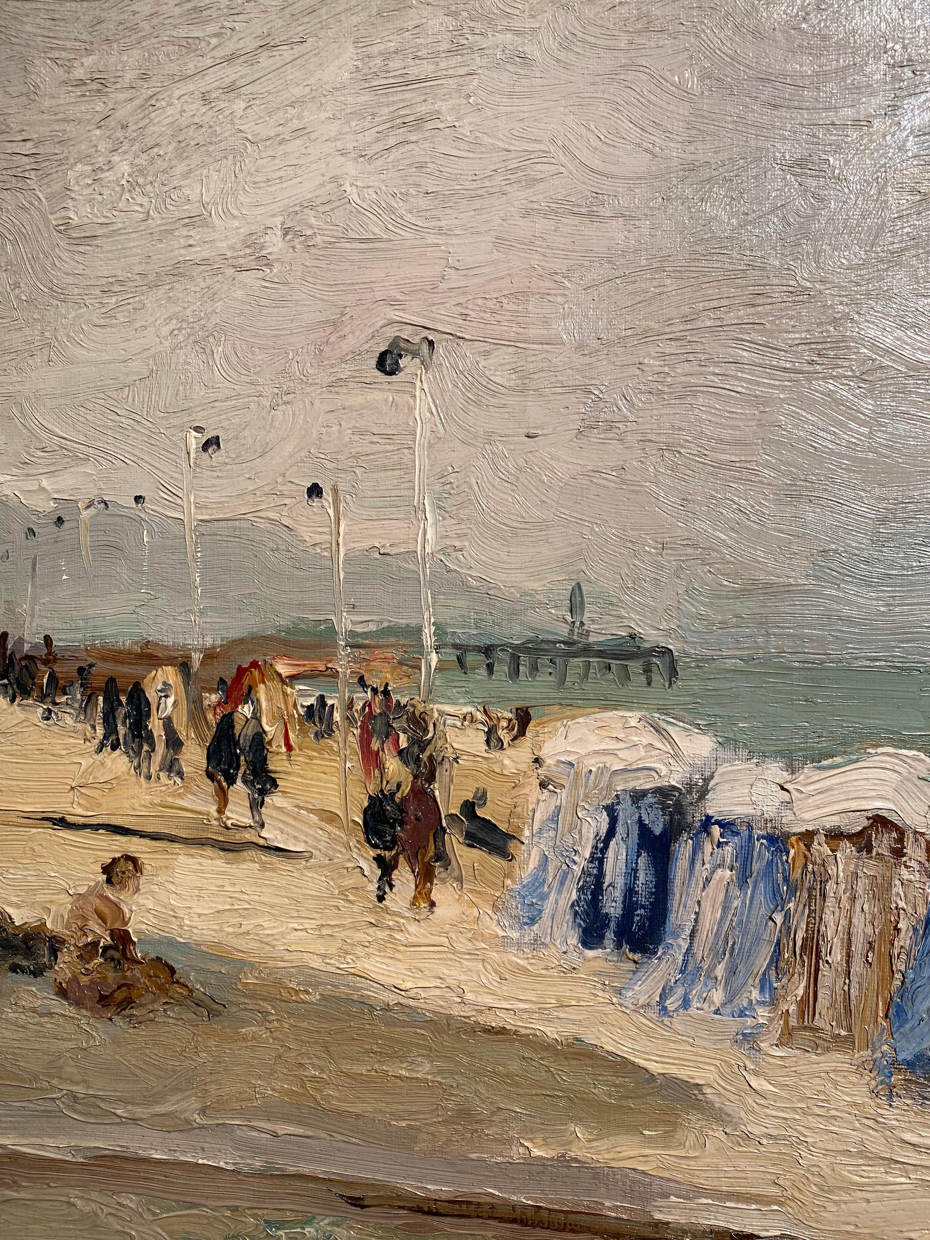 'Trouville Sur Mer' French Landscape beach scene with figures, sea and beach hut - Impressionist Painting by Marcel Dyf