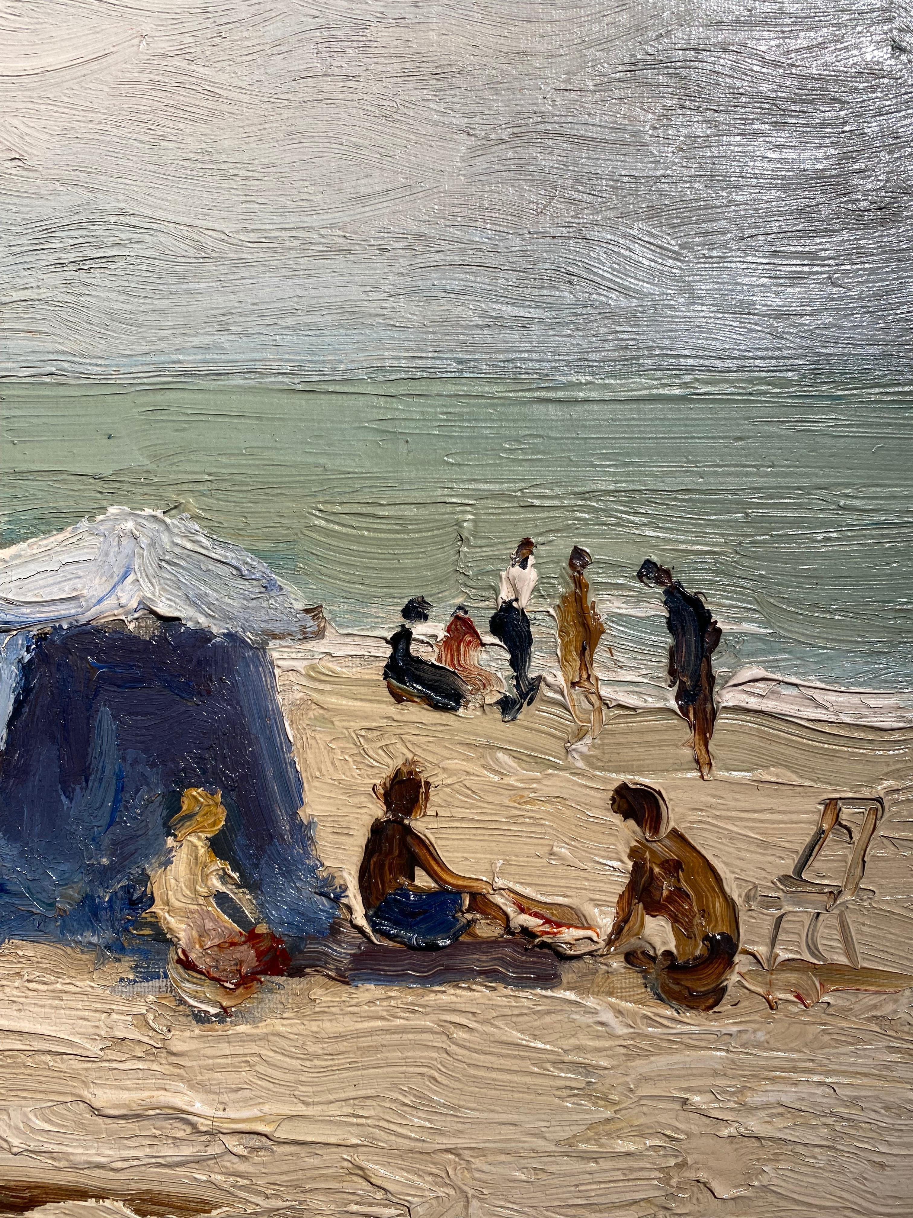'Trouville Sur Mer' French Landscape beach scene with figures, sea and beach hut - Beige Landscape Painting by Marcel Dyf
