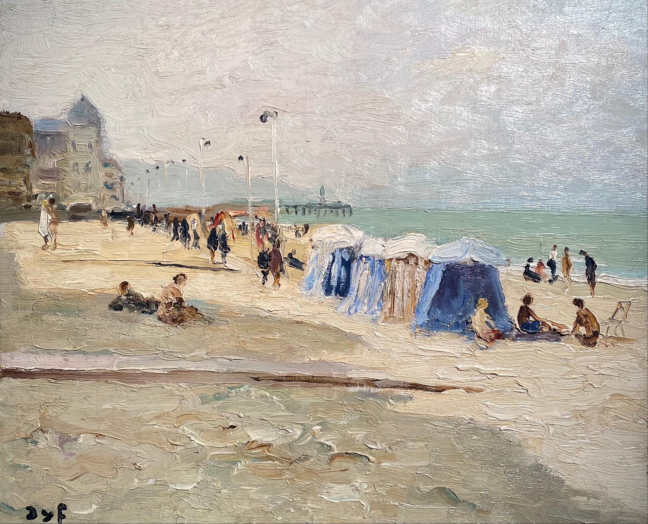 'Trouville Sur Mer' French Landscape beach scene with figures, sea and beach hut - Painting by Marcel Dyf