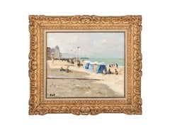 'Trouville Sur Mer' French Landscape beach scene with figures, sea and beach hut
