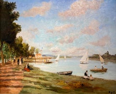 'Voile sur le lac' Impressionist landcape painting of figures, a lake, boats
