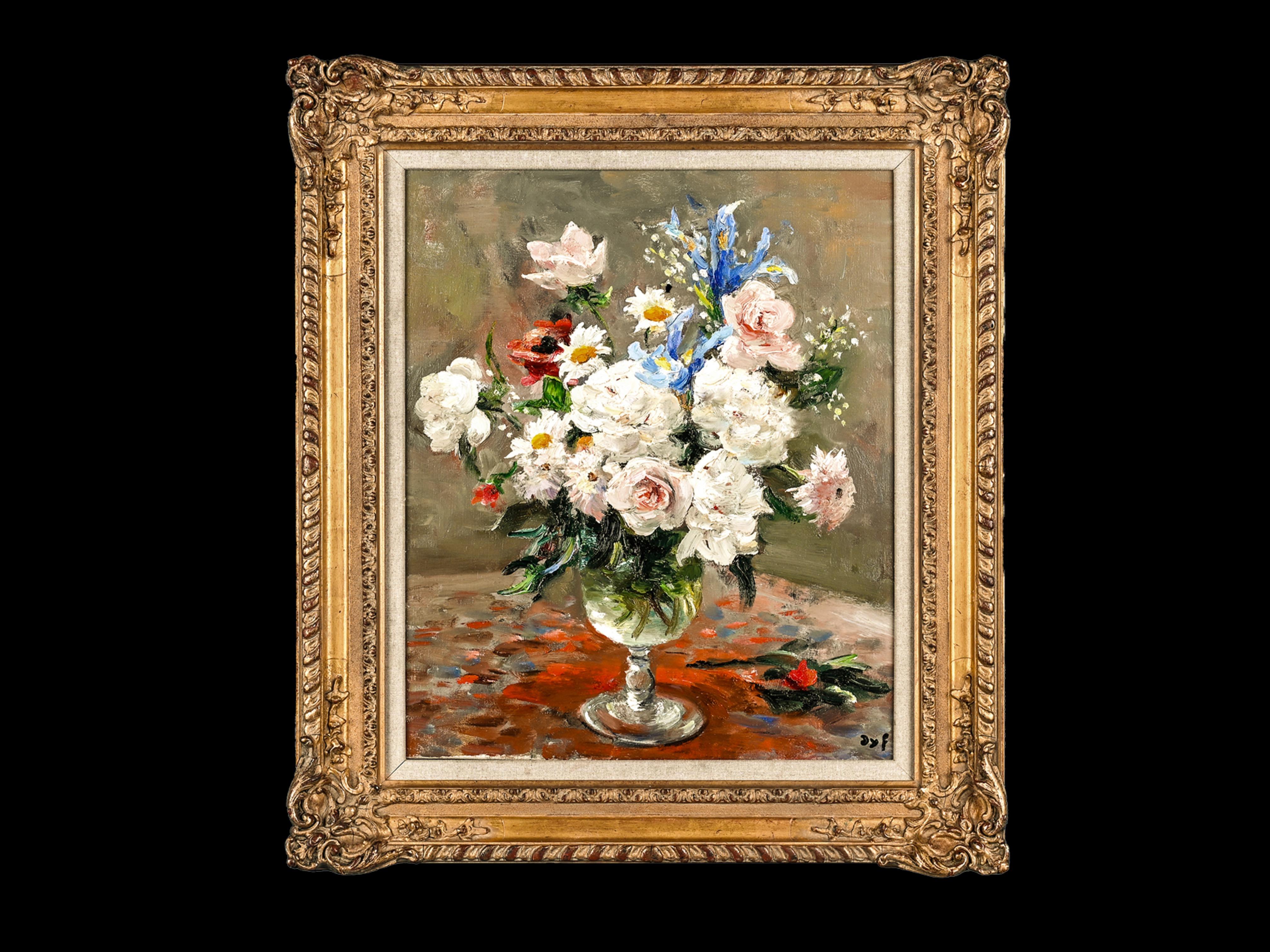 Roses blanches et iris Peinture impressionniste de nature morte vibrante, rose, blanc, rouge - Painting de Marcel Dyf