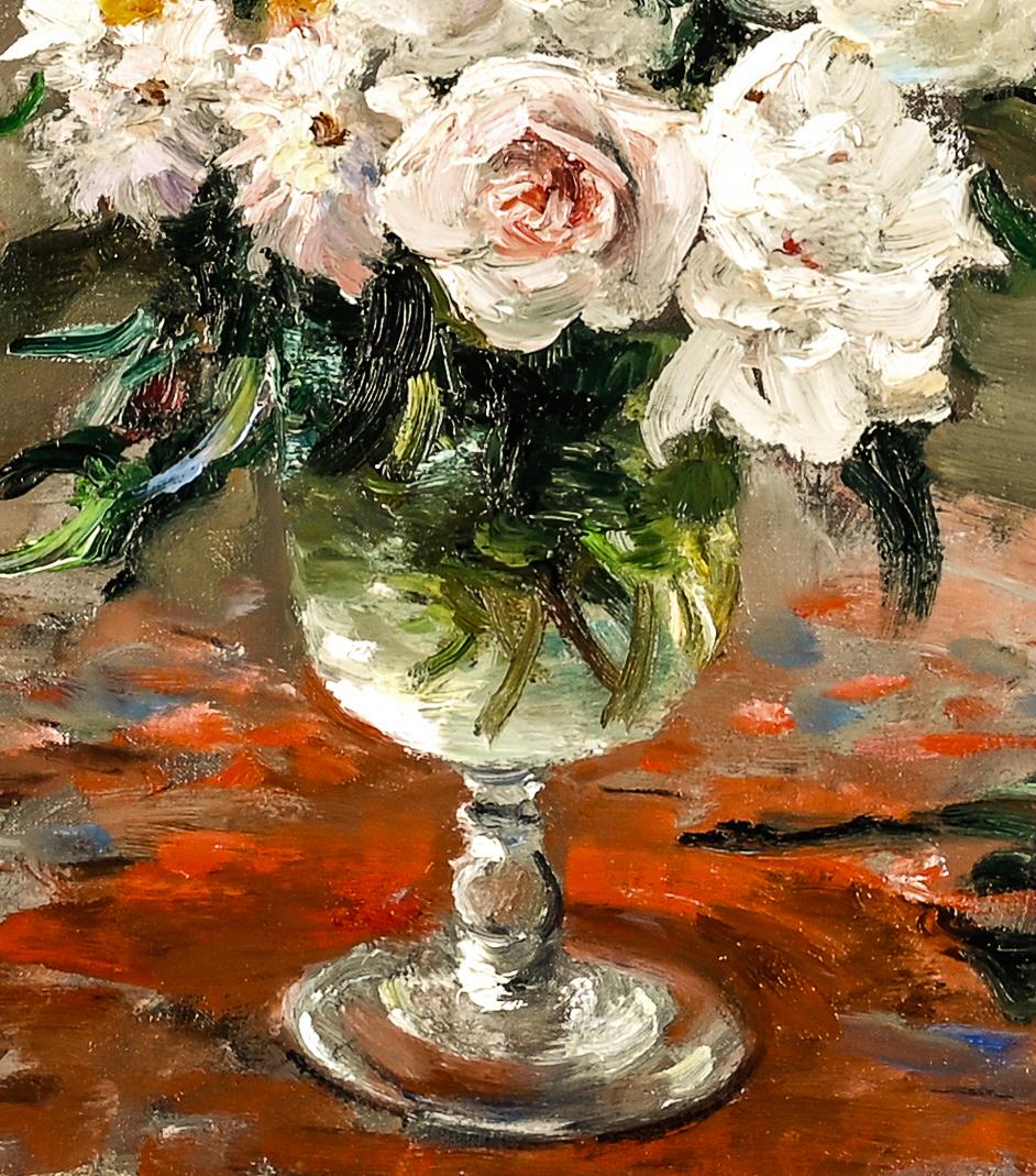 Roses blanches et iris Peinture impressionniste de nature morte vibrante, rose, blanc, rouge - Marron Still-Life Painting par Marcel Dyf