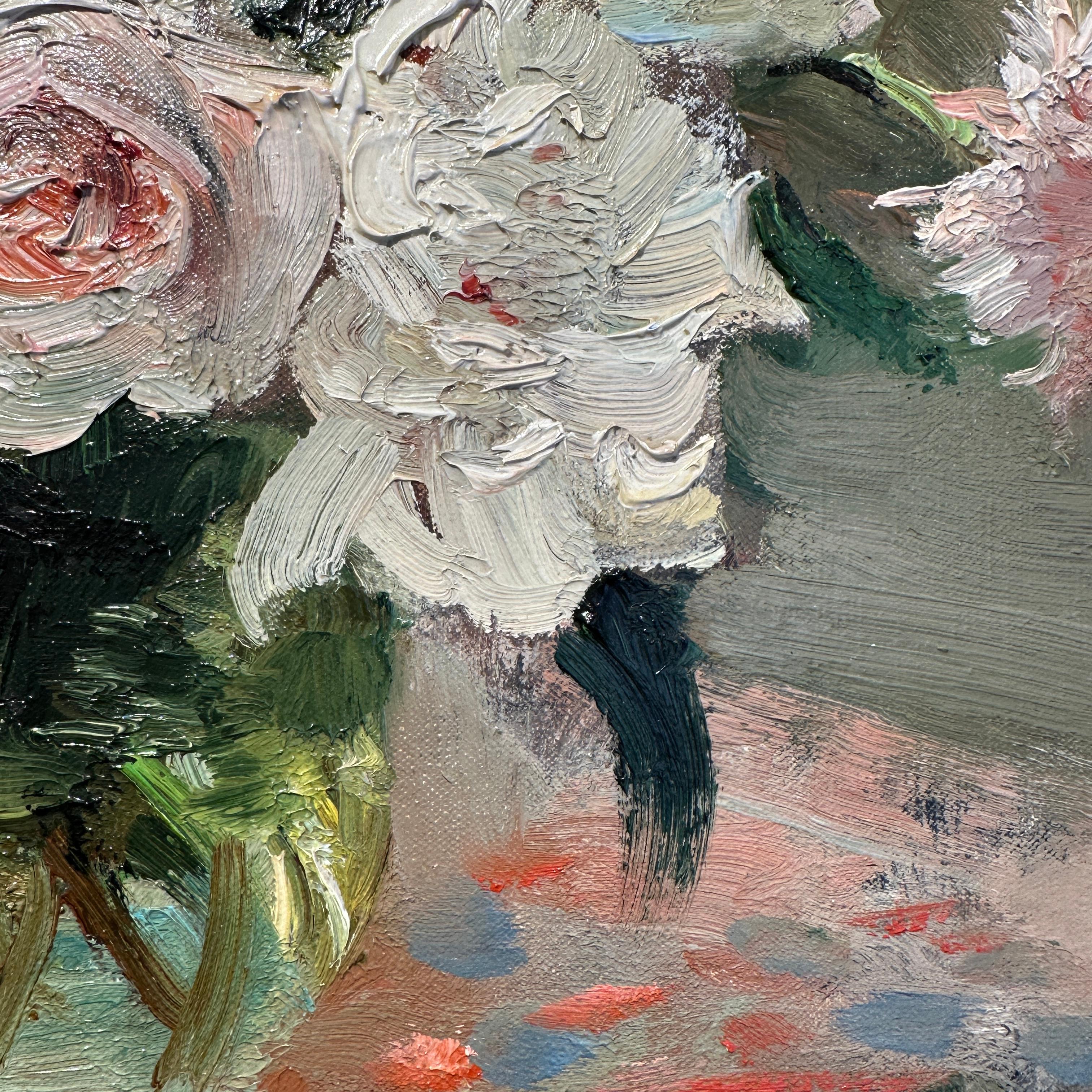 Roses blanches et iris Peinture impressionniste de nature morte vibrante, rose, blanc, rouge en vente 1