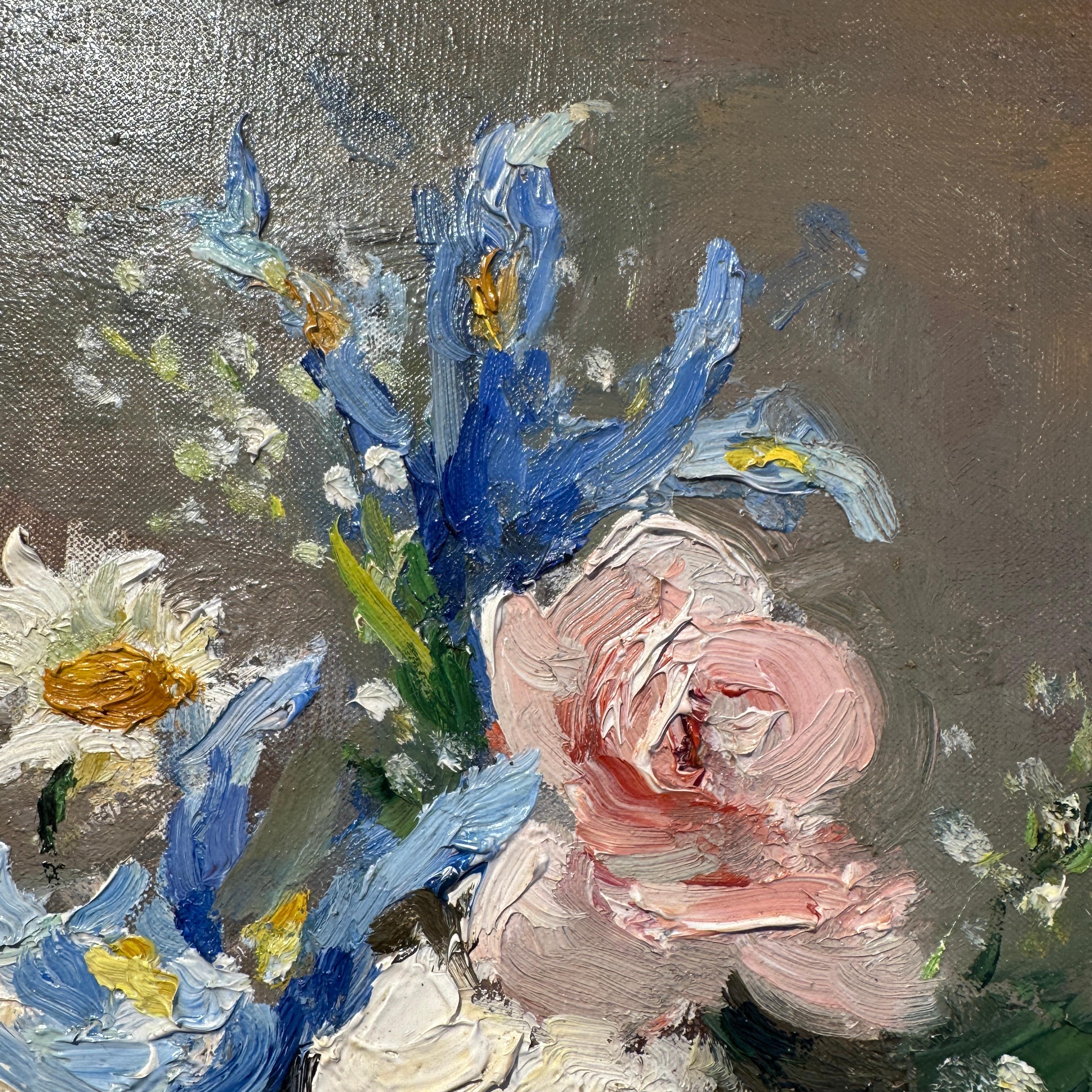 Roses blanches et iris Peinture impressionniste de nature morte vibrante, rose, blanc, rouge en vente 3