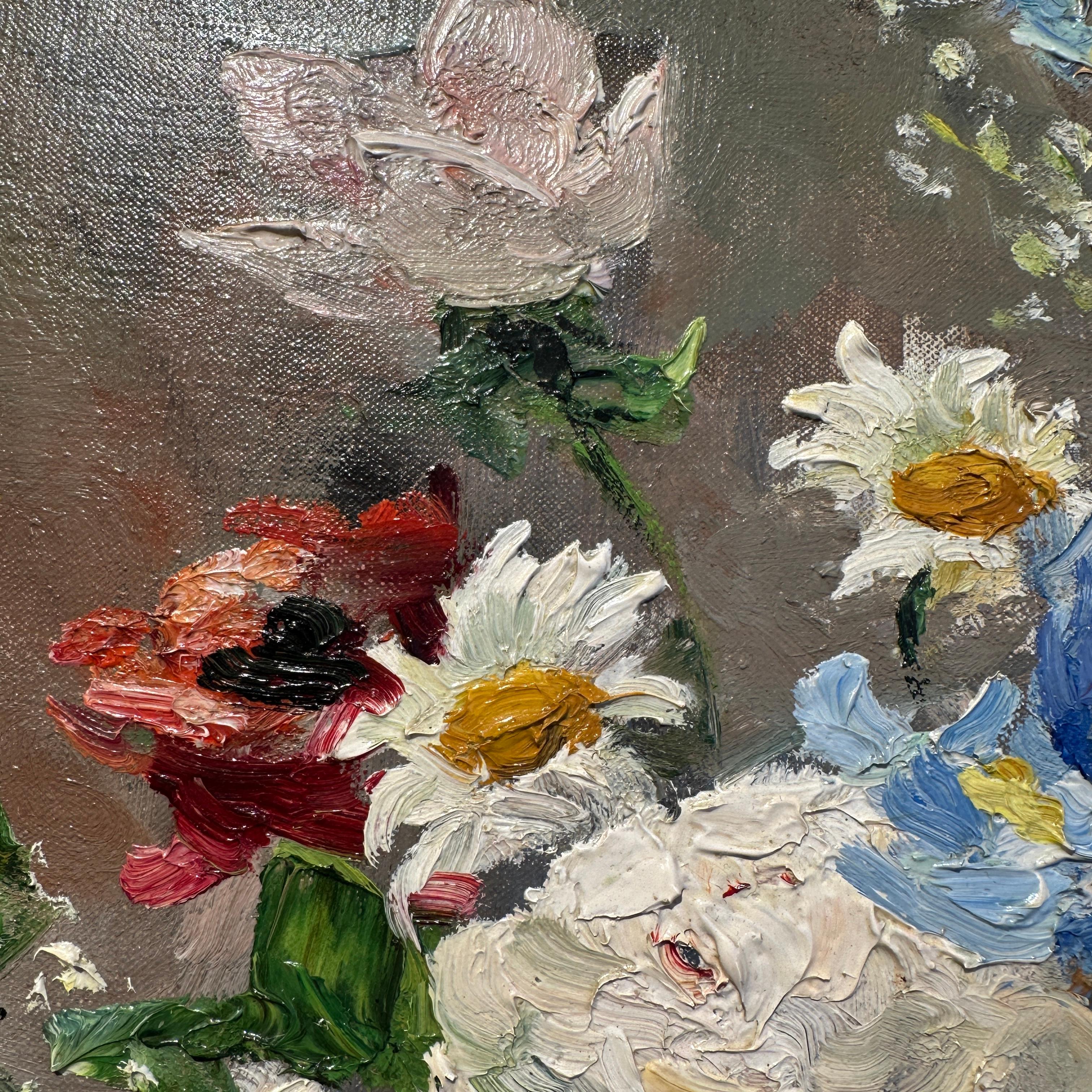 Roses blanches et iris Peinture impressionniste de nature morte vibrante, rose, blanc, rouge en vente 4