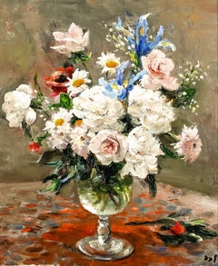 Roses blanches et iris Peinture impressionniste de nature morte vibrante, rose, blanc, rouge