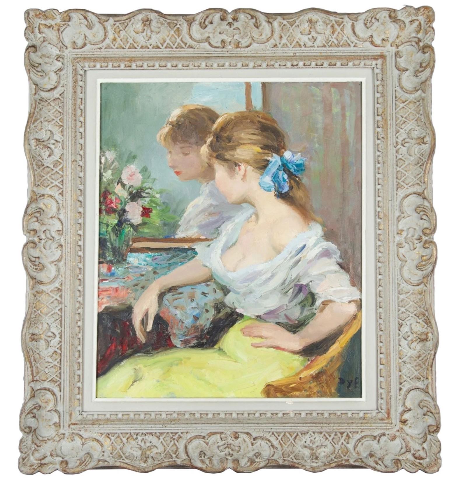 Marcel Dyf Figurative Painting - Young woman in front of a mirror, original oil on canvas, signed, Marcel DYF