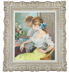 Young woman in front of a mirror, original oil on canvas, signed, Marcel DYF