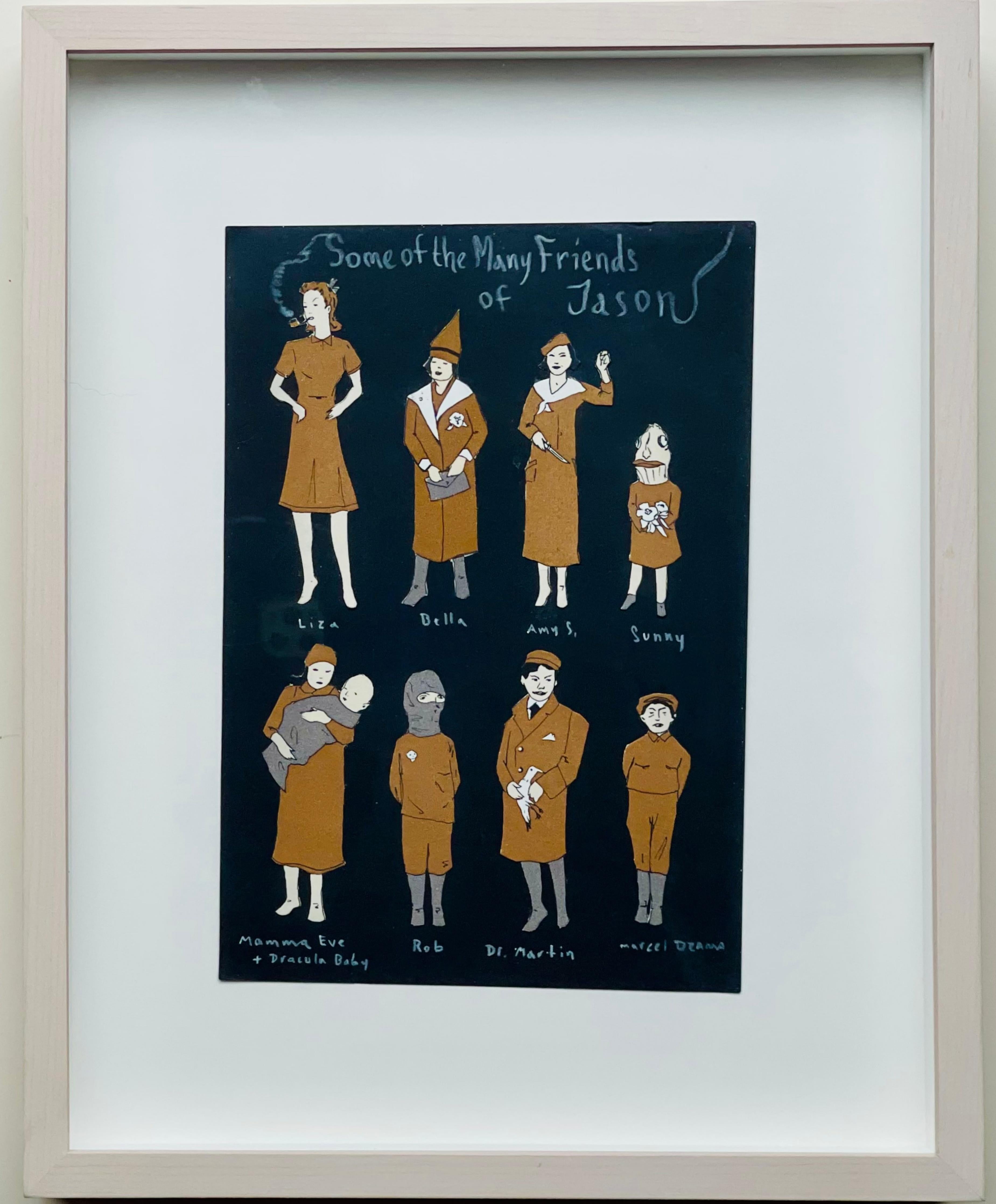 Marcel Dzama
Some of the Many Friends of Jason including Marcel, from the Estate of Jason Polan, 2019
Mixed media collage with ink, watercolor and graphite on colored paper
Signed and inscribed for Jason P, Marcel Dzama and dated Sept. 2019
Unique