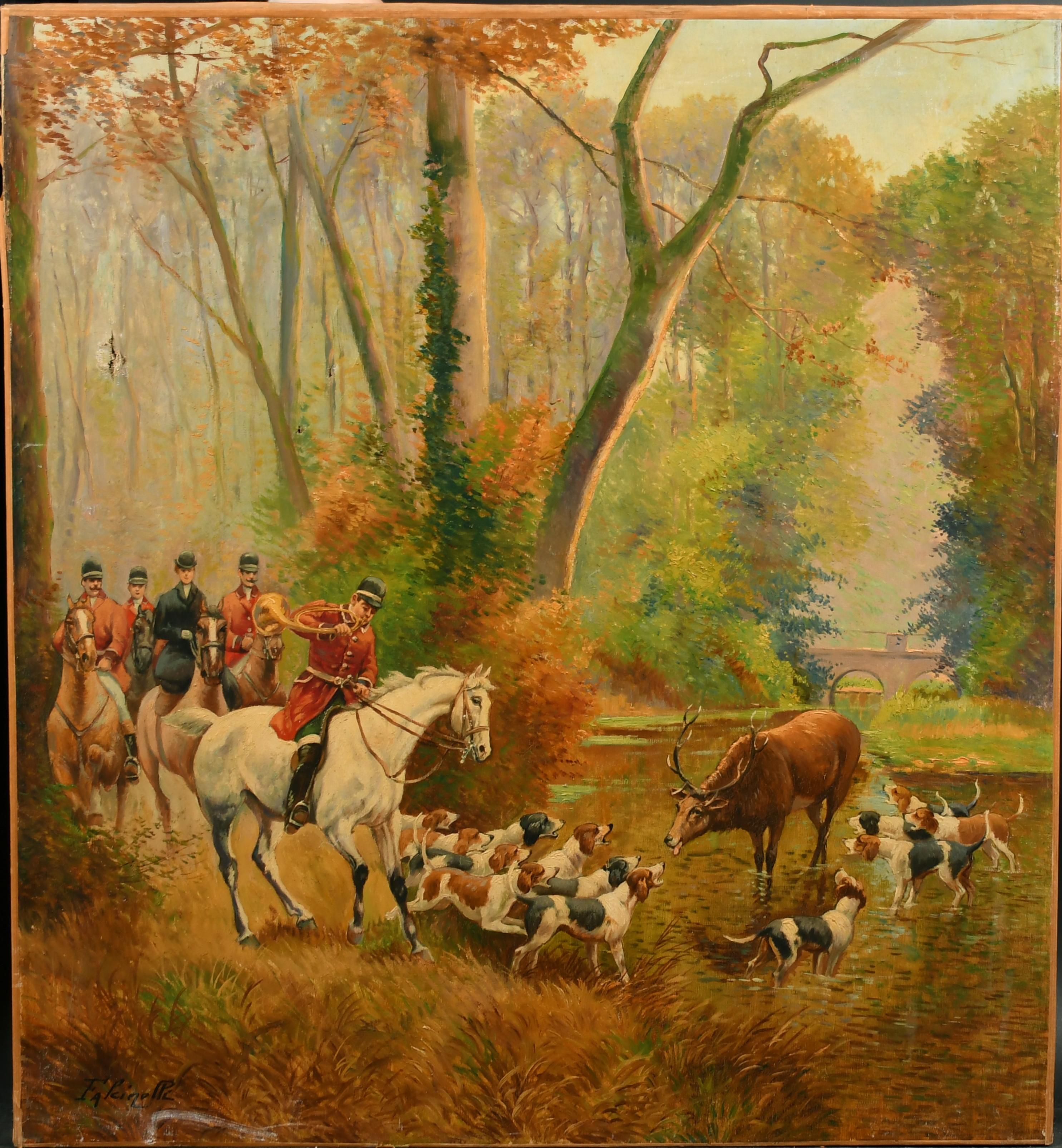 Animal Painting Marcel Falcinelli - Très grande peinture à l'huile italienne ancienne signée - La fête de chasse