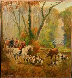 Très grande peinture à l'huile italienne ancienne signée - La fête de chasse