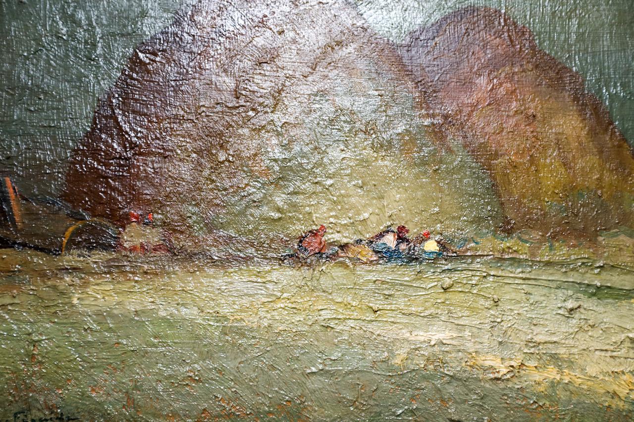 Vista de una playa con rocas, barco varado  en Blues - Painting de Marcel Feguide