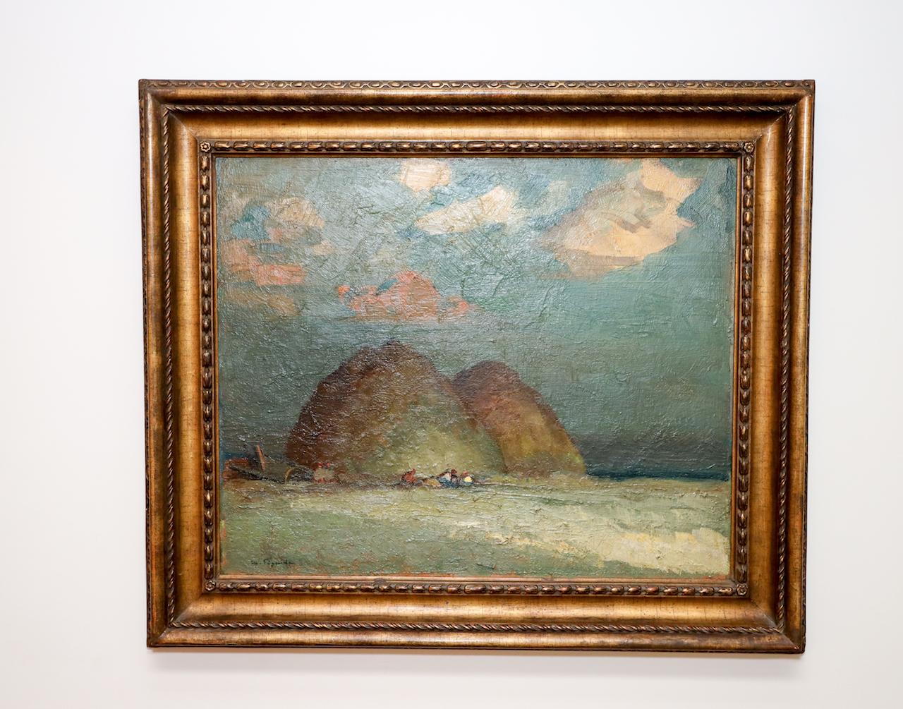 Vista de una playa con rocas, barco varado  en Blues - Landscape Painting Beige de Marcel Feguide
