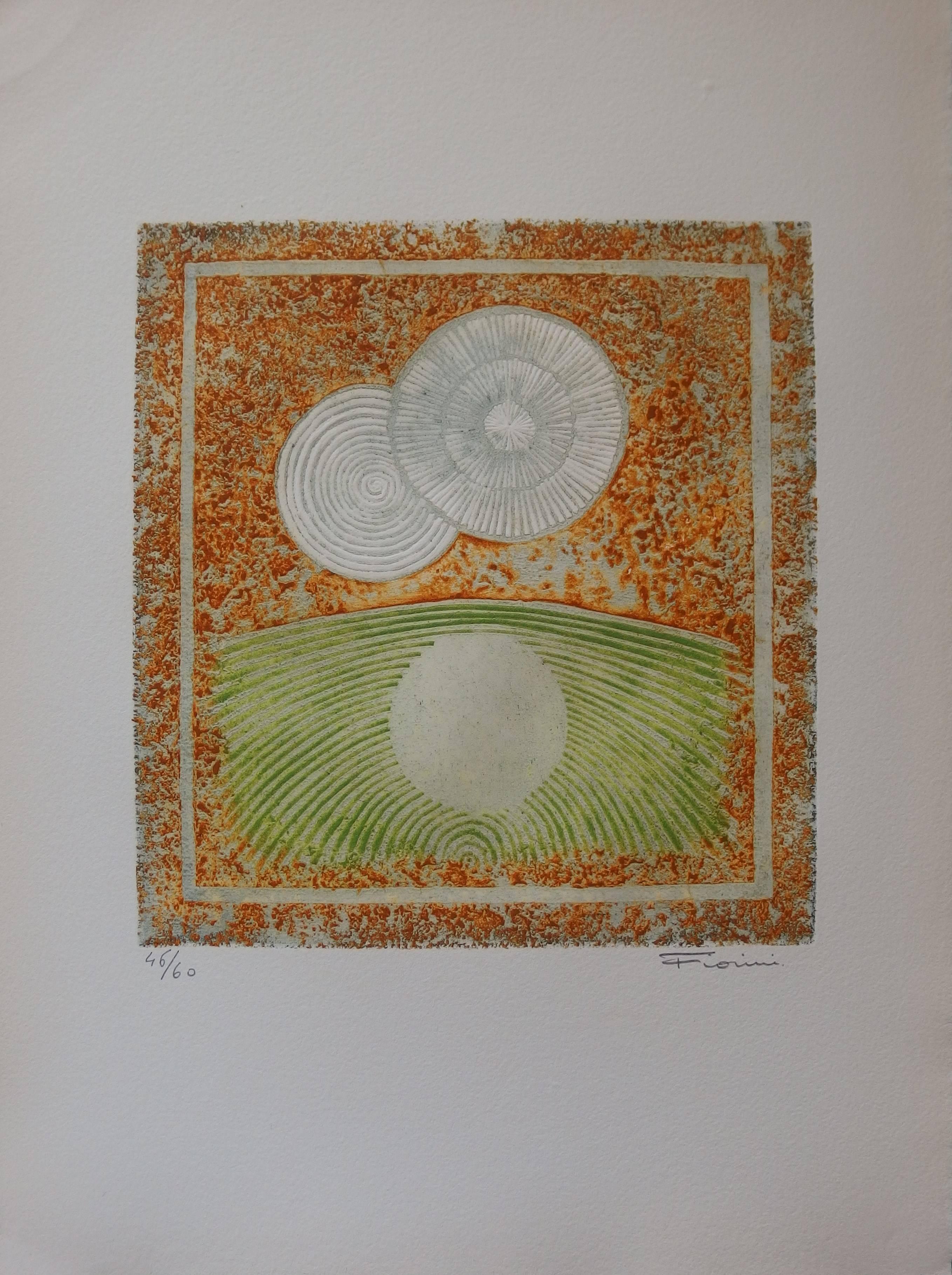 Marcel Fiorini Landscape Print - Two Suns, One Reflection - Original handsigned etching - 60 copies