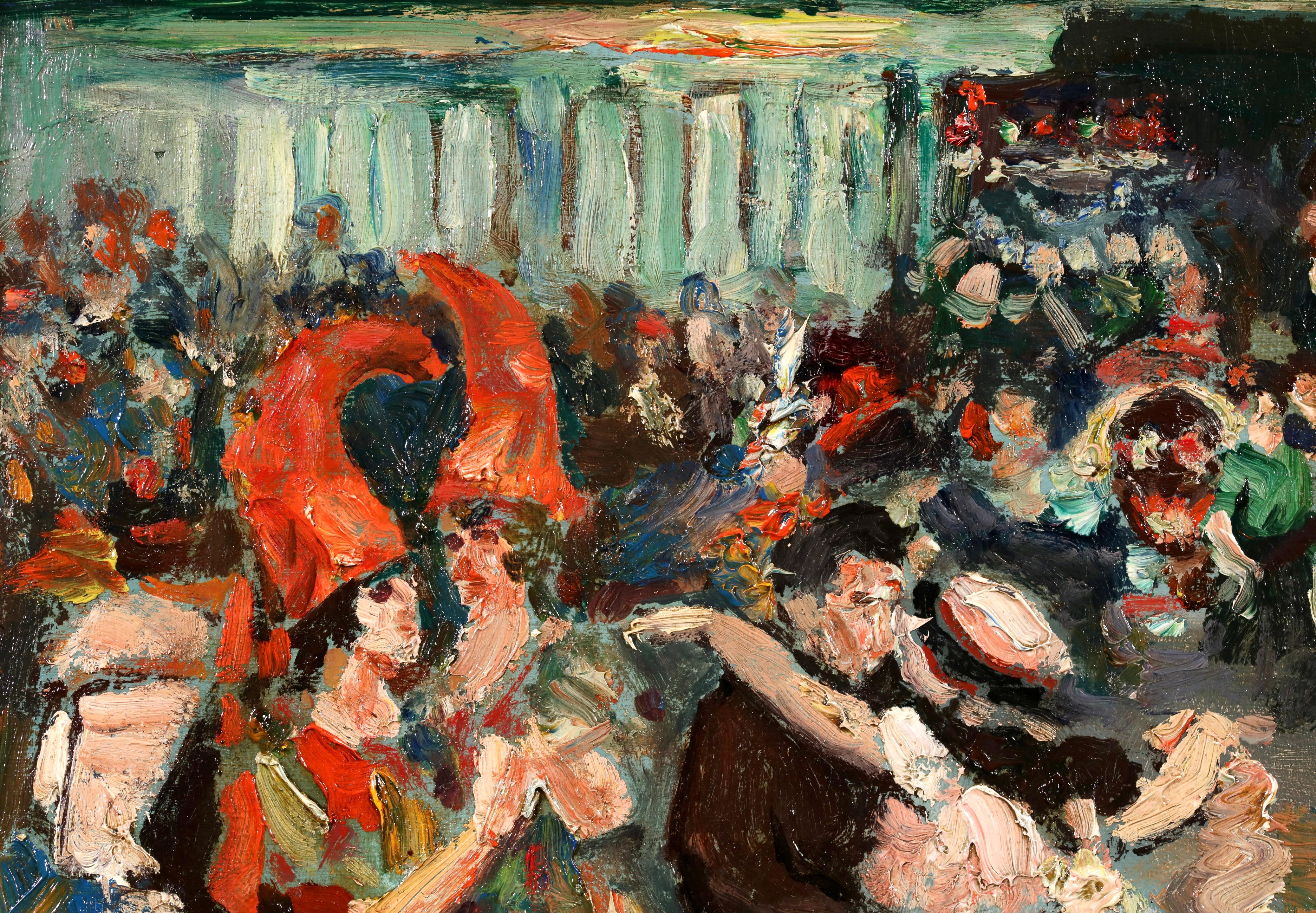 Le Bal de Moulin Rouge - Olio figurativo modernista di Marcel Francois Leprin - Figurative Painting Beige di Marcel François Leprin