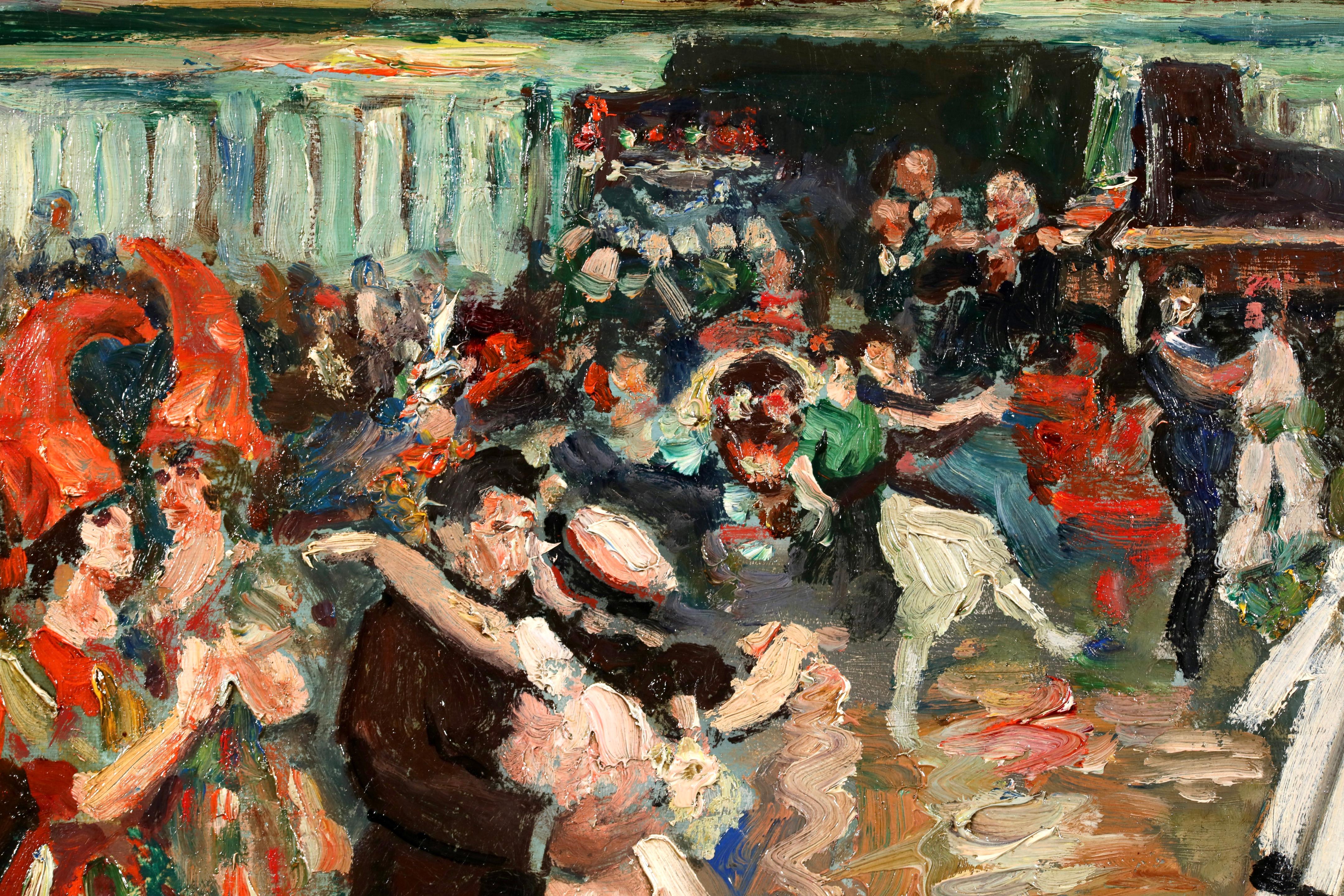 Firmato, titolato e datato 1921 figure in interni olio su tela del pittore modernista Marcel Francois Leprin. Questo meraviglioso pezzo raffigura un ballo al Moulin Rouge, un cabaret di Parigi, in Francia, in cui ballano i festaioli con ogni sorta