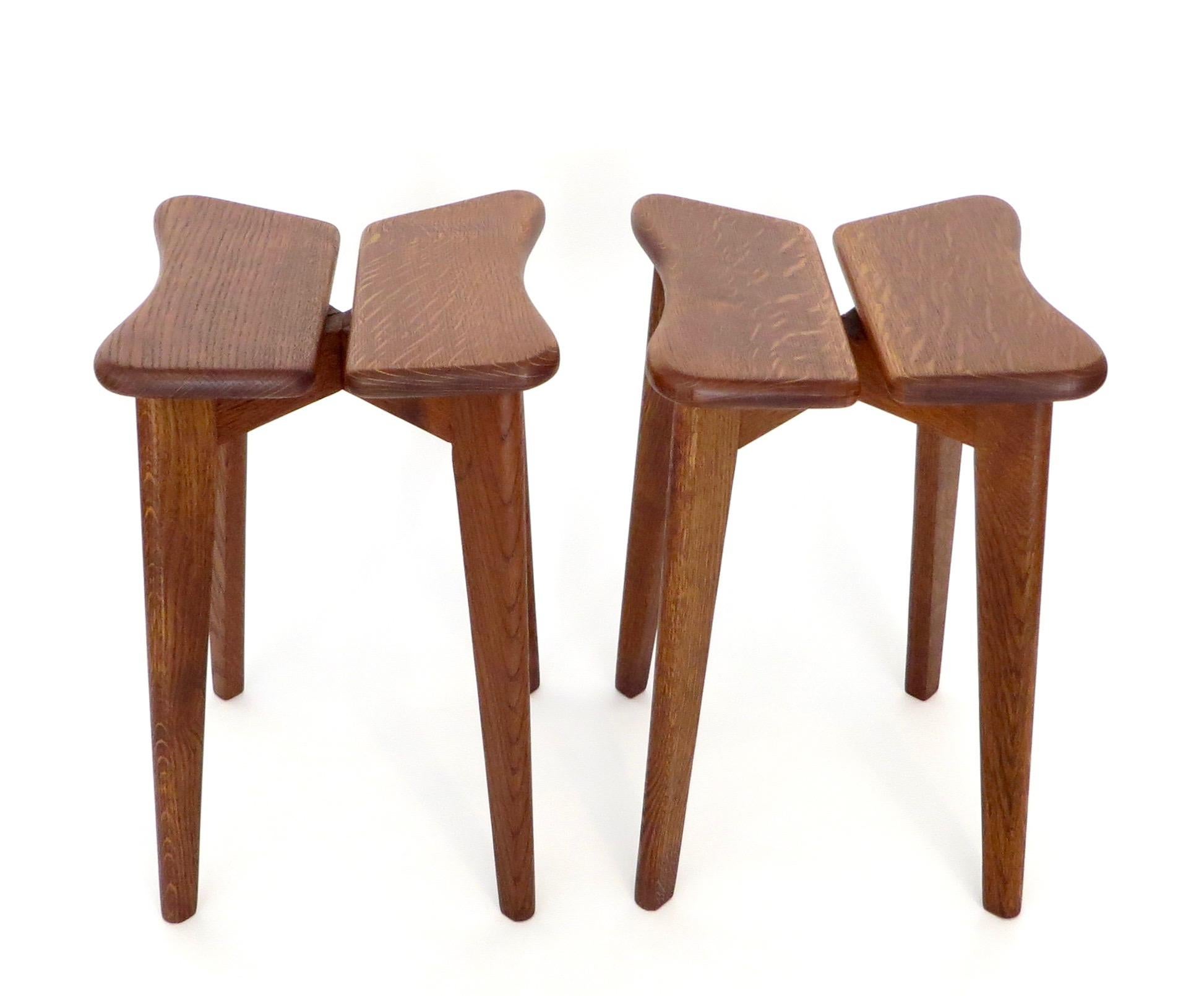 A pair of French designer Marcel Gascoin French oak tabourets or side tables. Edition Trefle for Arhec, circa 1953.
Marcel Gascoin was part of the French reconstruction furniture movement after WWII. It was furniture designed for the people that