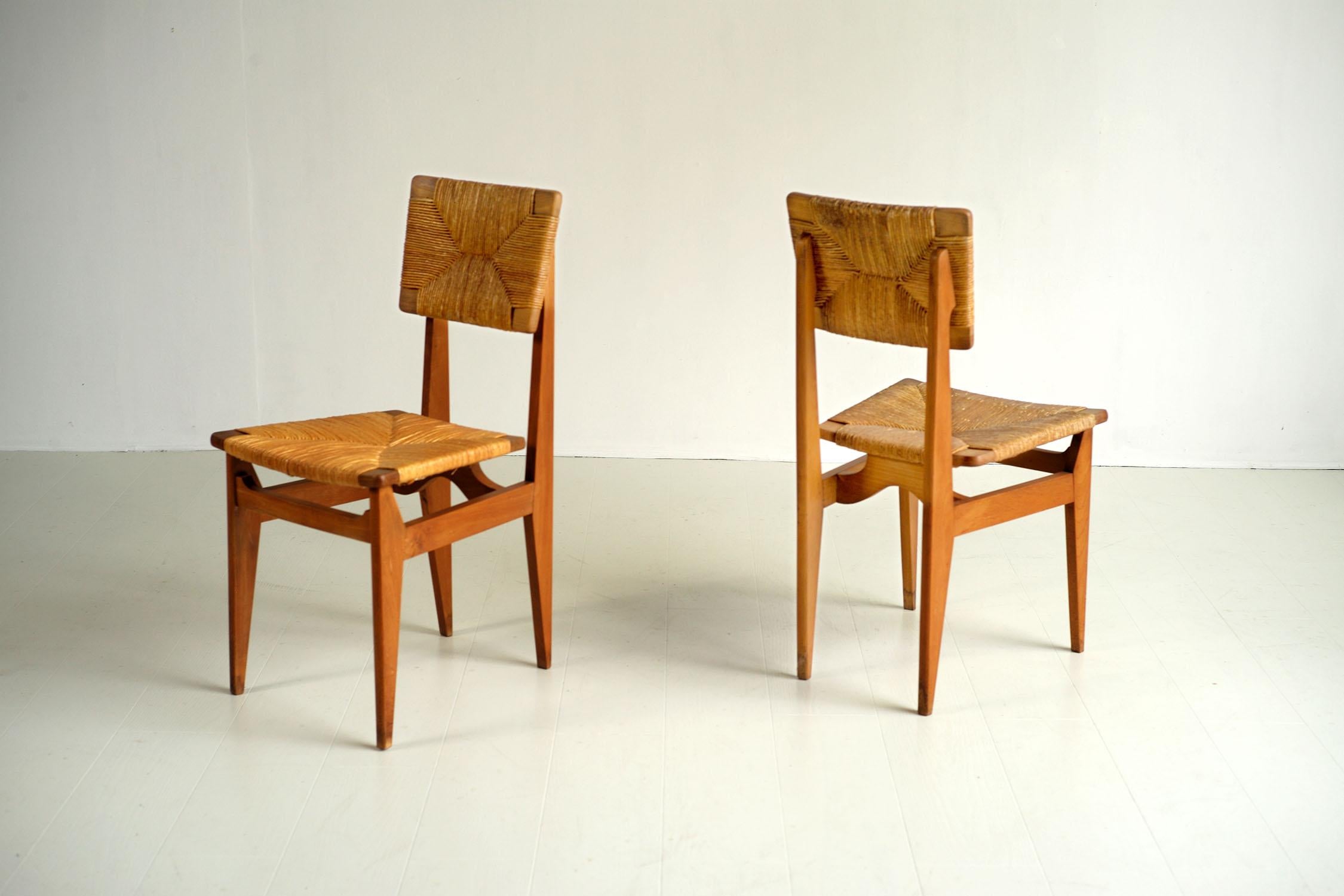 Marcel Gascoin, Pair of beech straw chairs, 
