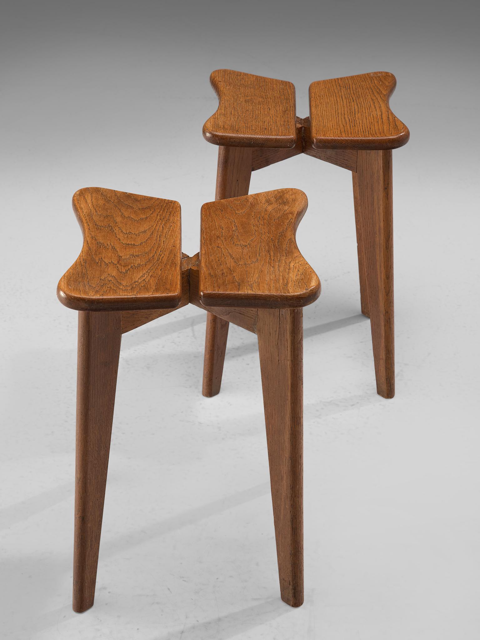 French Marcel Gascoin Pair of 'Trèfle' Oak Stools