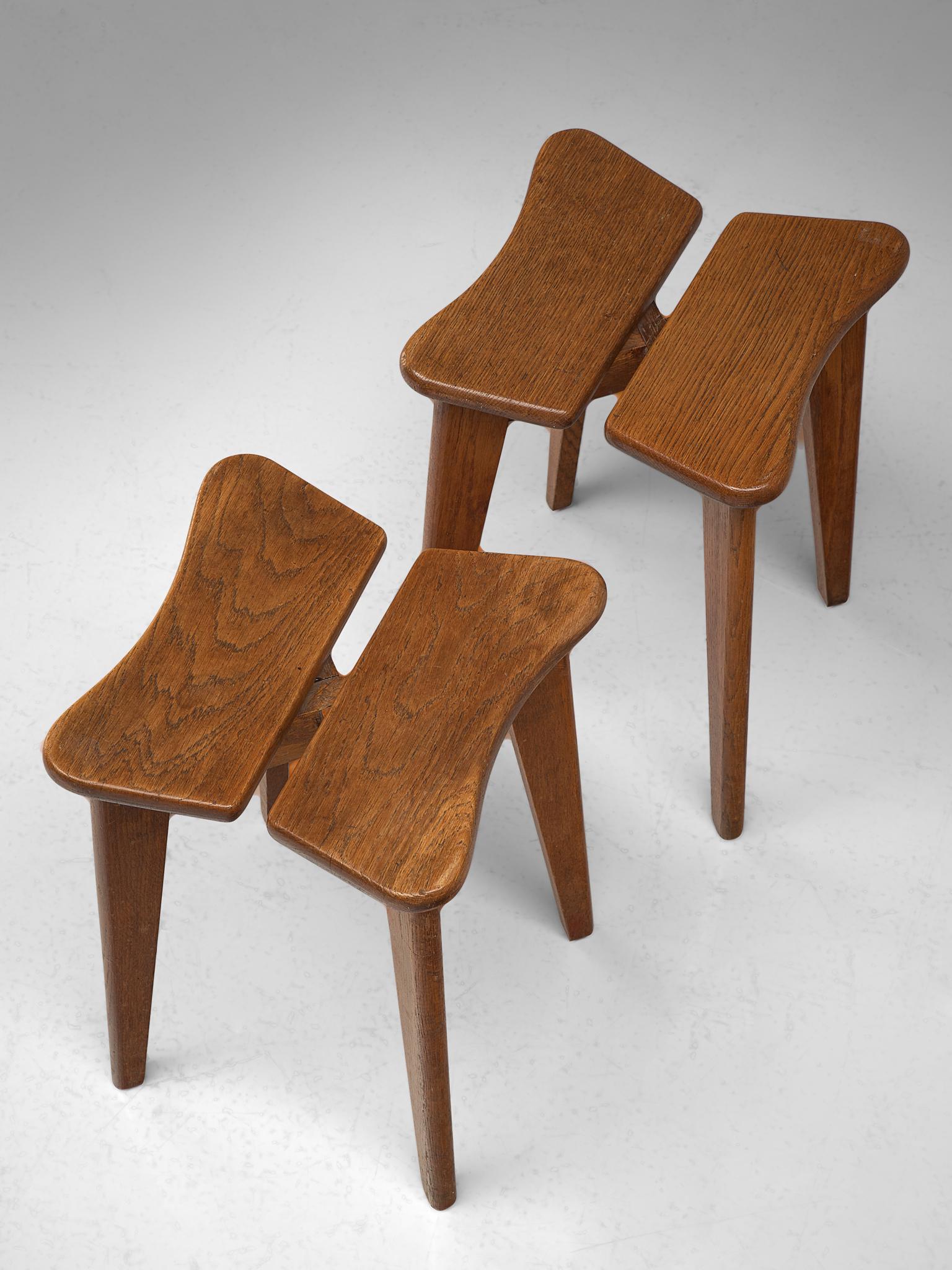 Marcel Gascoin Pair of 'Trèfle' Oak Stools In Good Condition In Waalwijk, NL