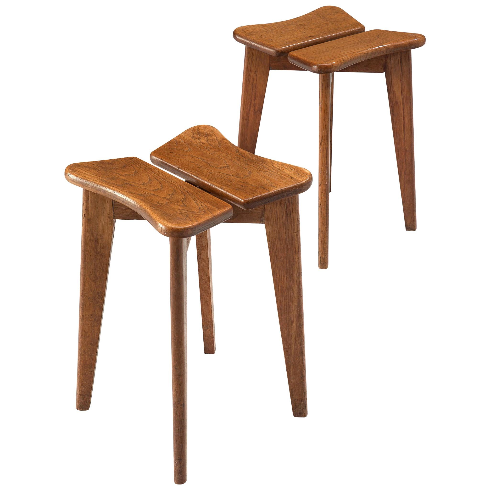 Marcel Gascoin Pair of 'Trèfle' Oak Stools