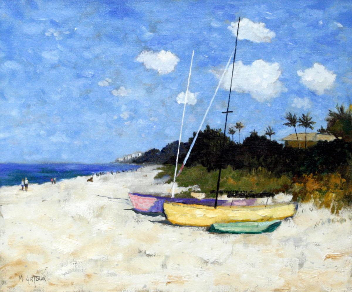 Boats on Naples Beach - Painting by Marcel Gatteaux
