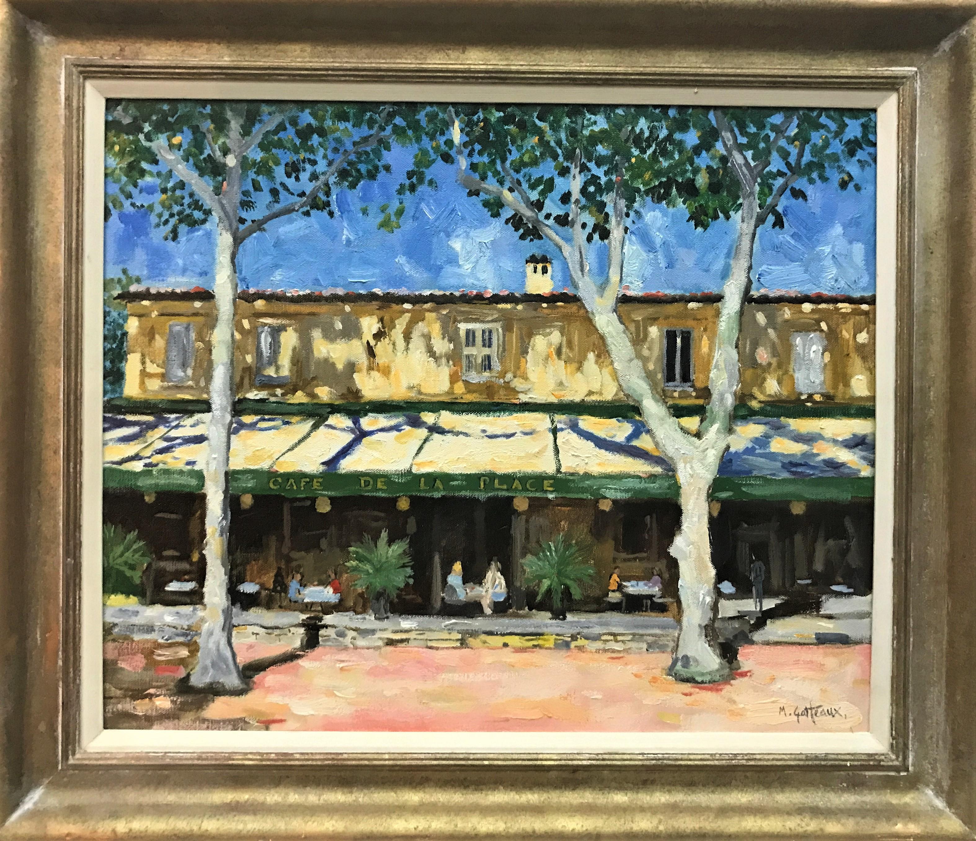Café in Vence, Provence, post-impressionistische Landschaft, Original Öl auf Leinwand – Painting von Marcel Gatteaux