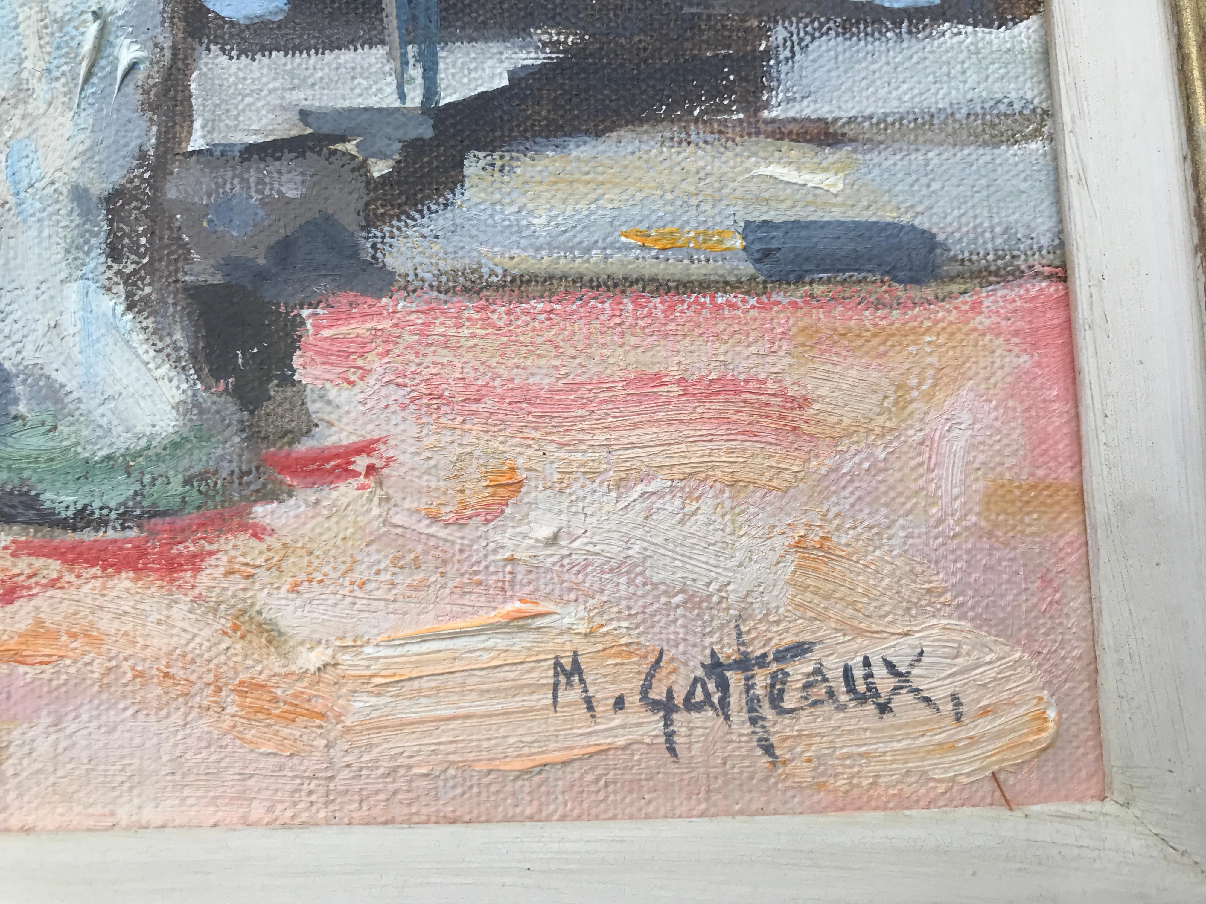 Café in Vence, Provence, post-impressionistische Landschaft, Original Öl auf Leinwand (Post-Impressionismus), Painting, von Marcel Gatteaux