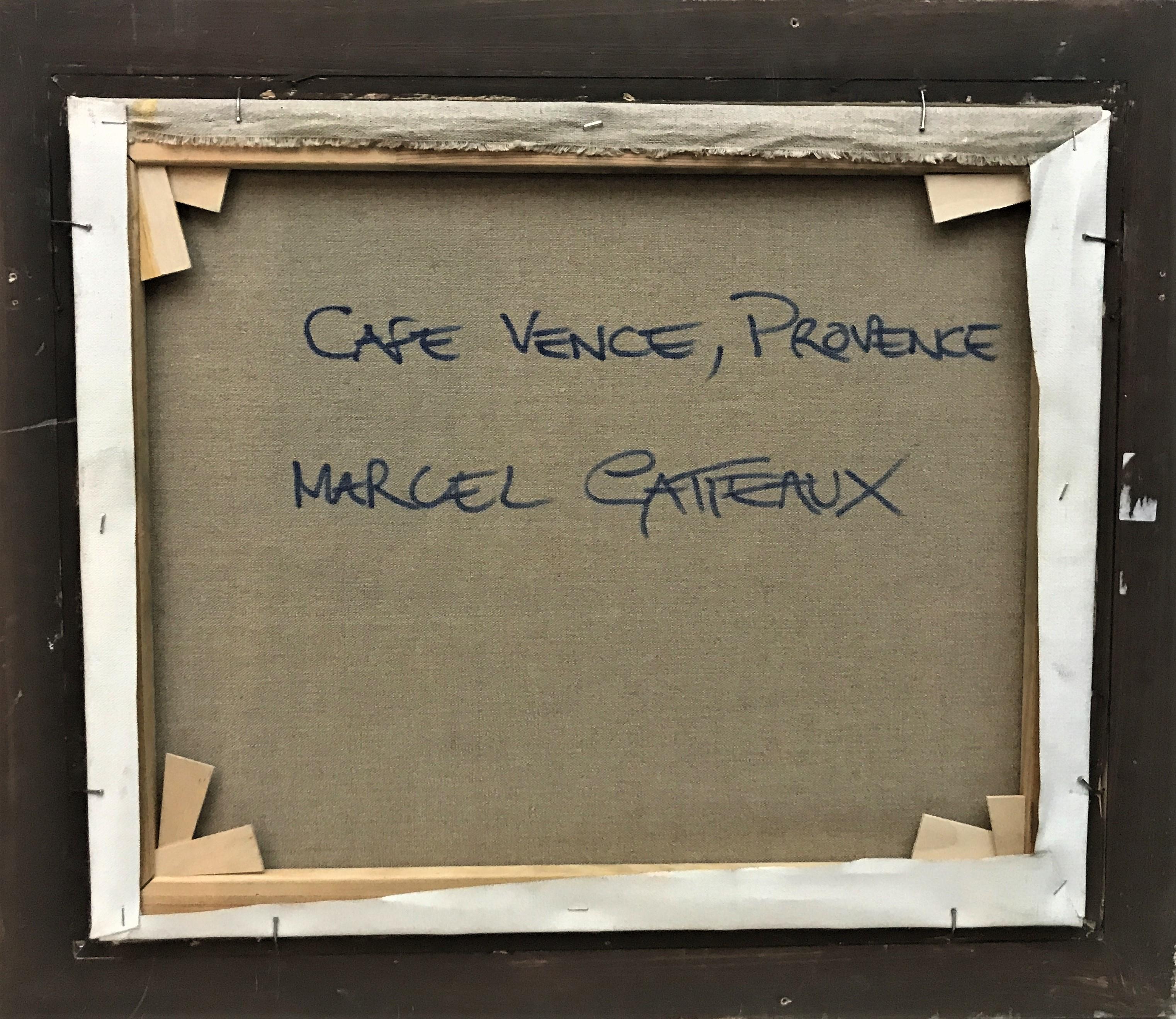 Café in Vence, Provence, post-impressionistische Landschaft, Original Öl auf Leinwand (Grau), Landscape Painting, von Marcel Gatteaux