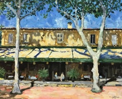 Vintage Café in Vence, Provence, post-impressionist landscape, original oil on canvas