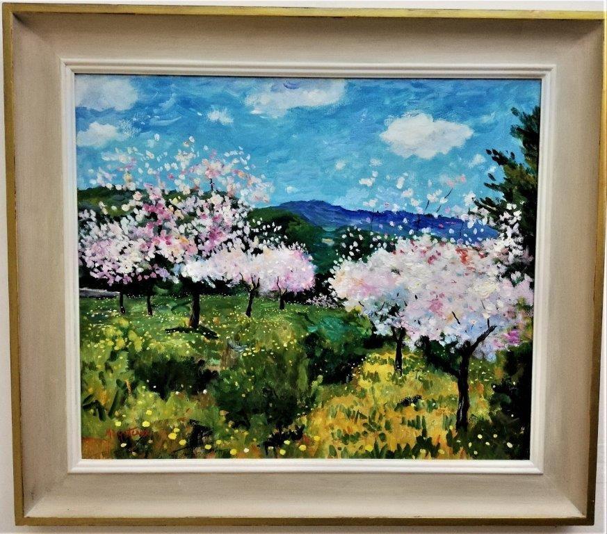 “Cherry Blossom, Provence”, bright, post-impressionist original oil on canvas. - Painting by Marcel Gatteaux