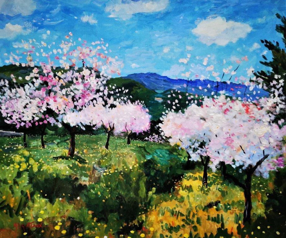 Marcel Gatteaux Landscape Painting - “Cherry Blossom, Provence”, bright, post-impressionist original oil on canvas.