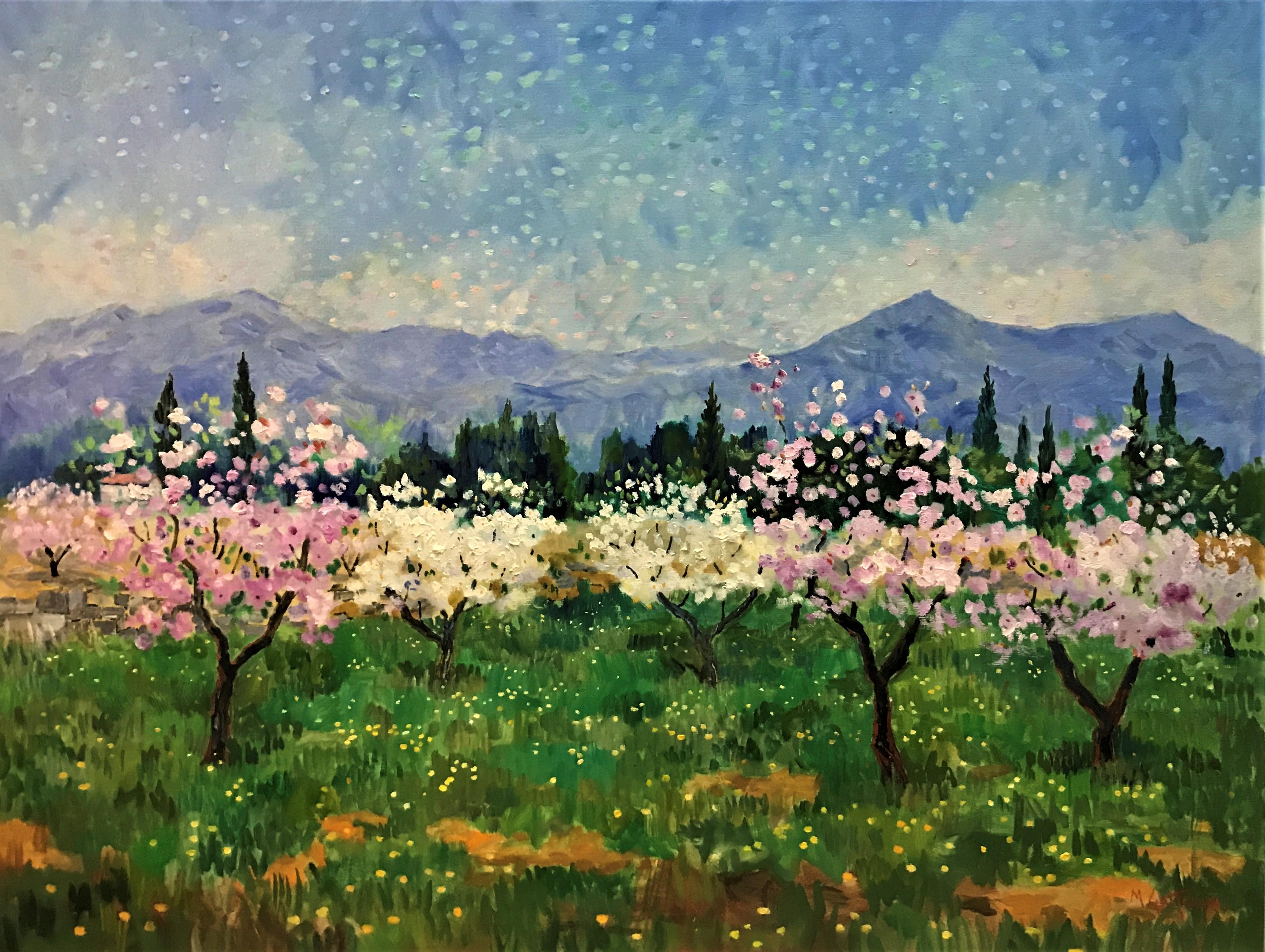 Marcel Gatteaux Landscape Painting - Cherry Orchard, Provence, beautiful post-impressionist original oil on canvas