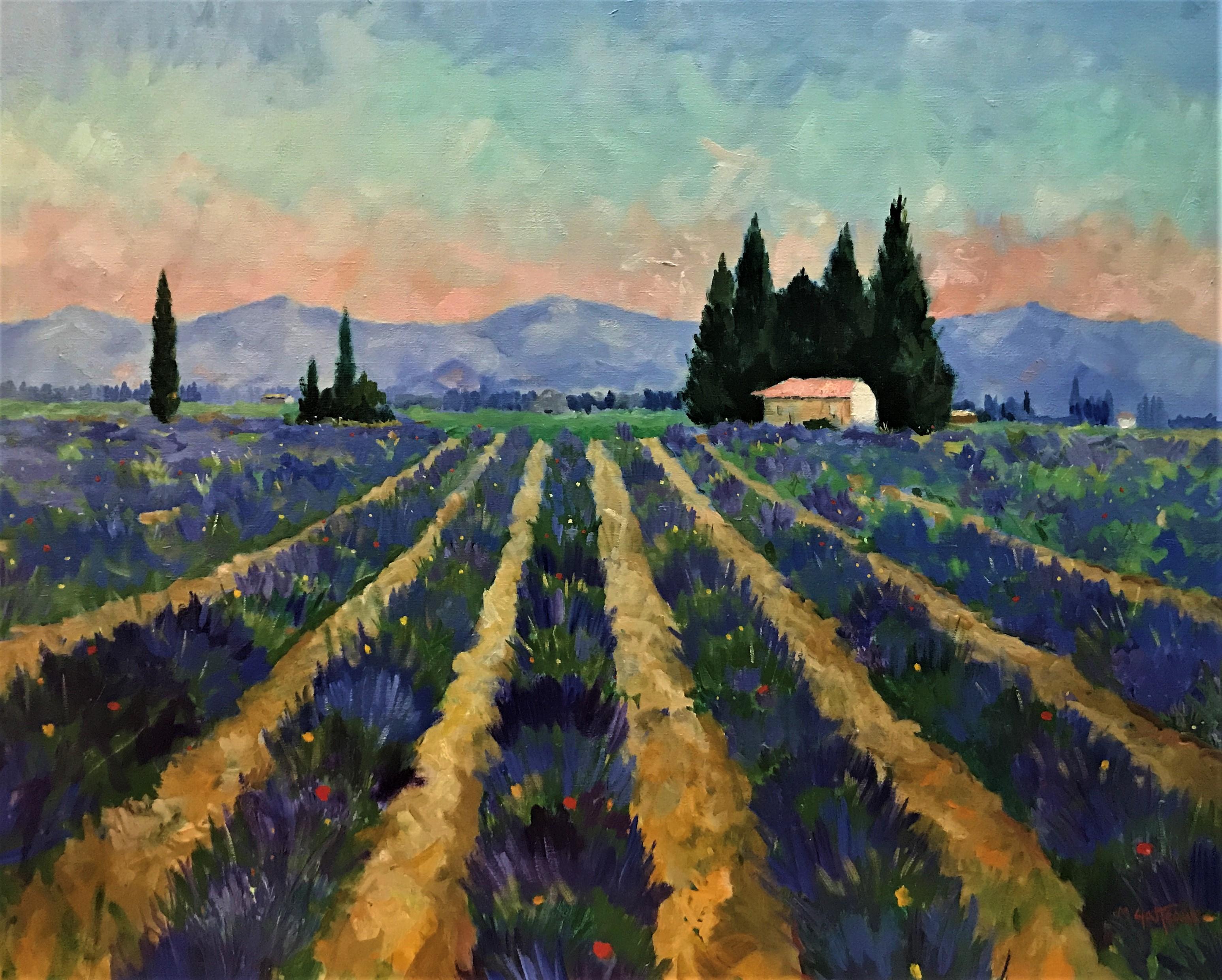 Landscape Painting Marcel Gatteaux - Lavande au crépuscule, Provence, paysage de soirée atmosphérique, huile/toile originale