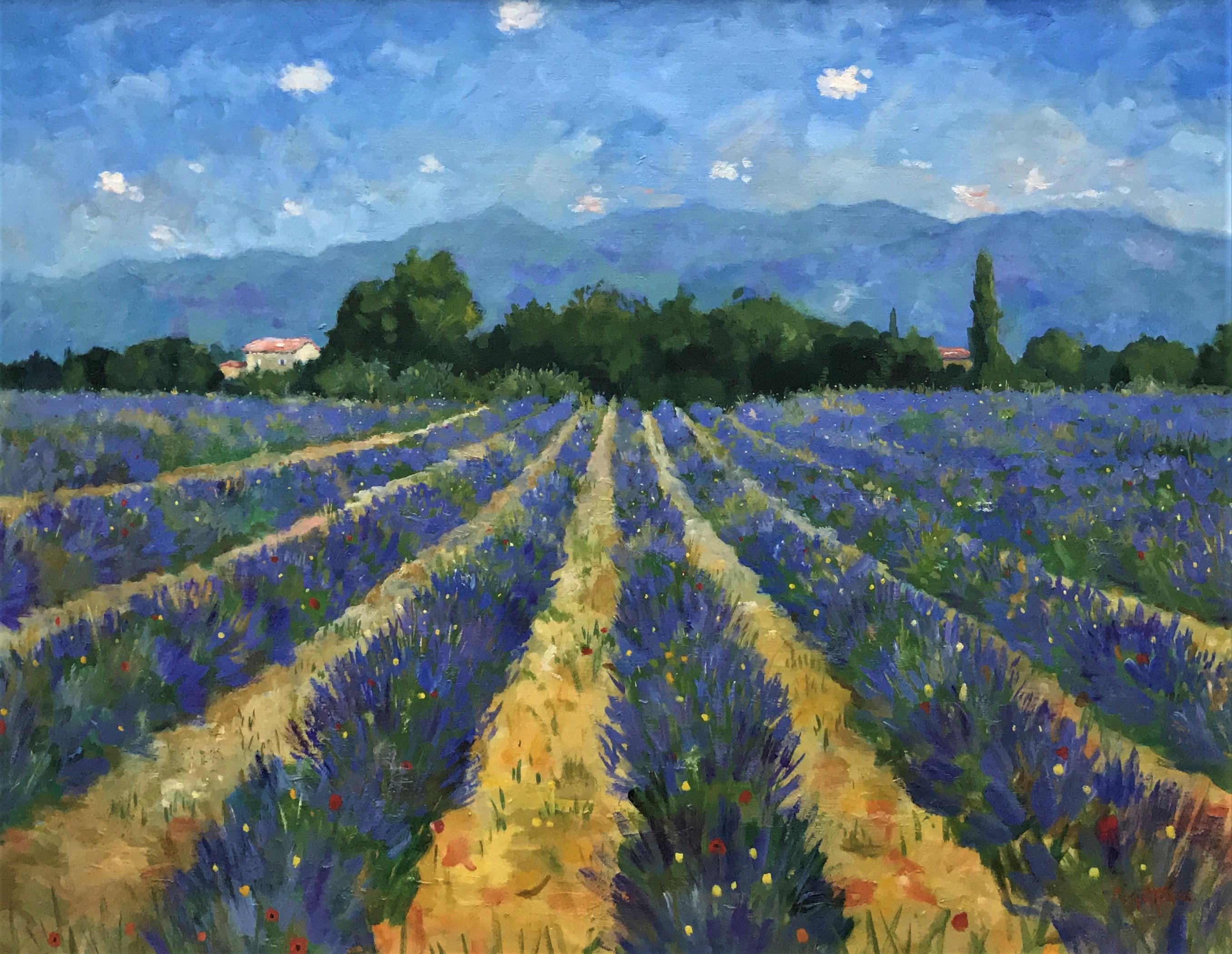 Marcel Gatteaux Landscape Painting - "Lavender, Provence", colourful post-impressionist scene, original oil on canvas