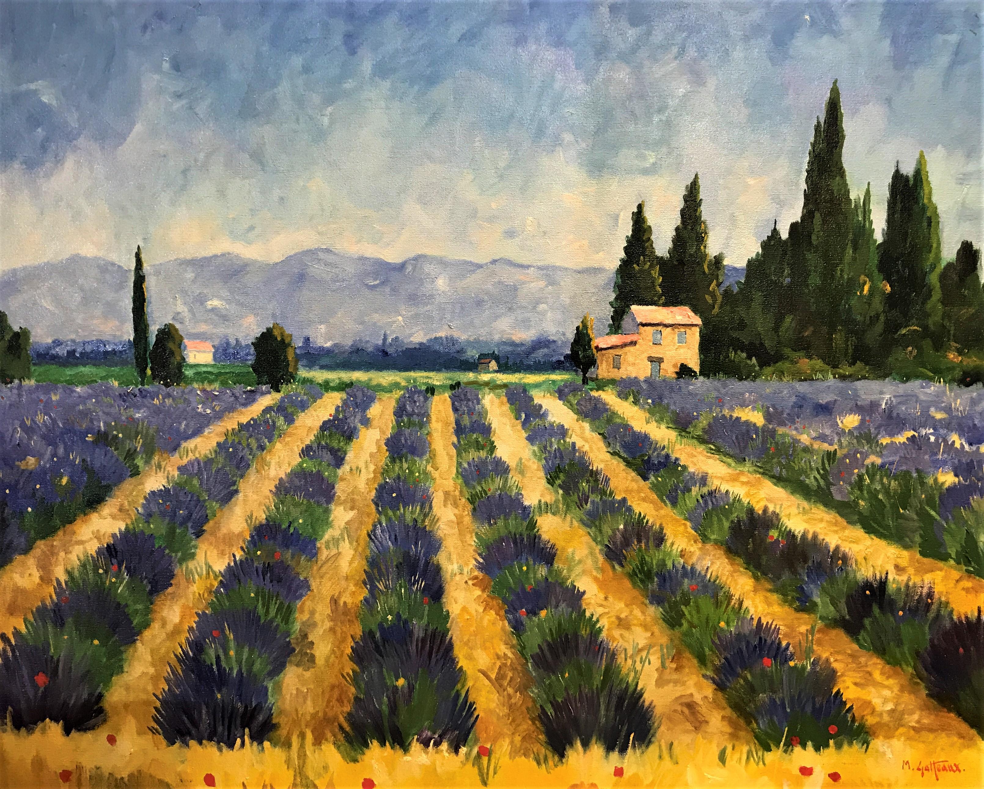 Marcel Gatteaux Landscape Painting - "Lavender, Provence", Post-impressionist evening scene, original oil painting
