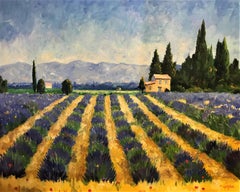 "Lavender, Provence", Post-impressionist evening scene, original oil painting