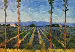 Lavender Through Pine Trees, Cassis, Provence, colourful original oil on canvas