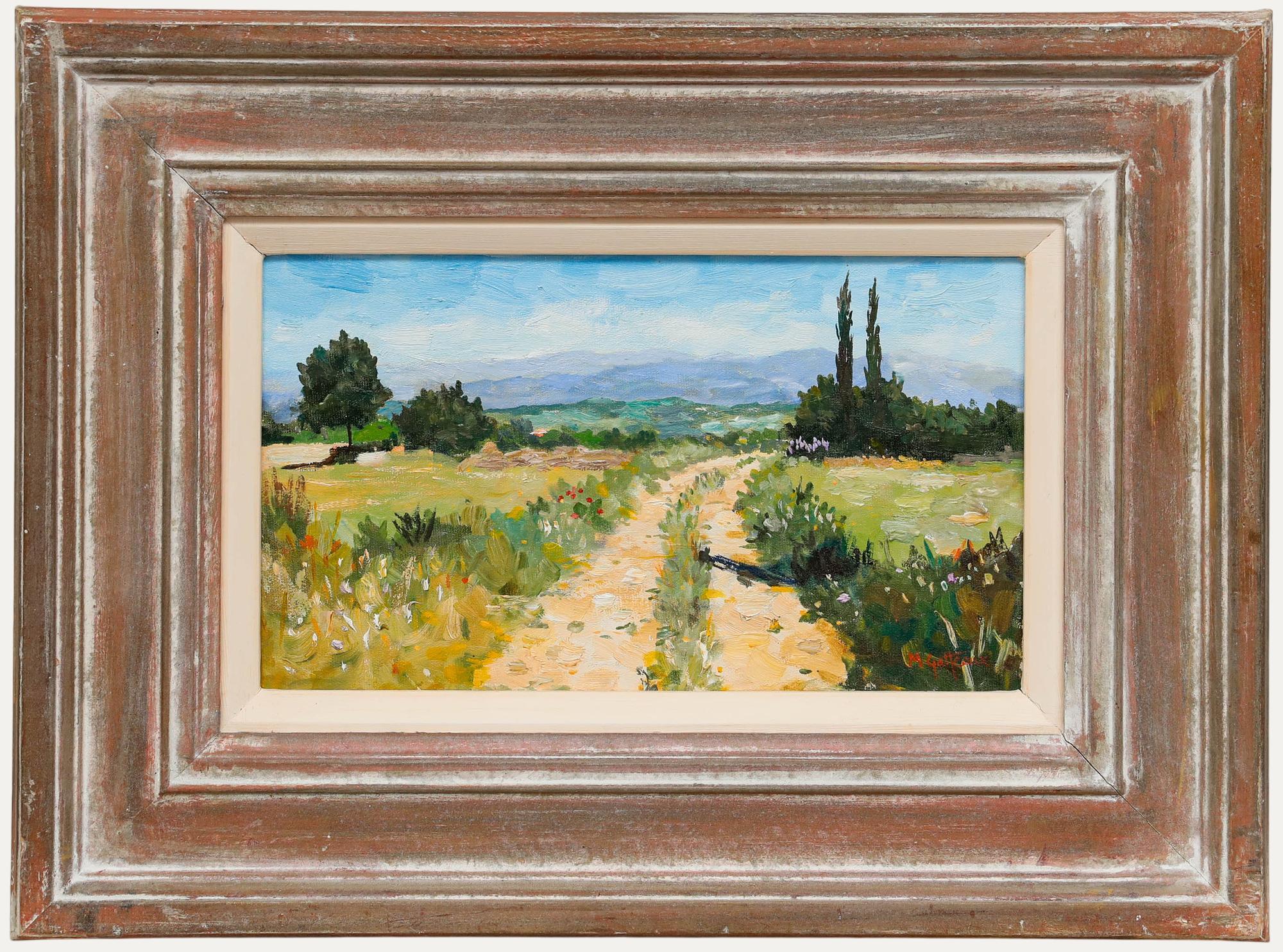 This charming landscape painting depicts a winding dirt path that leads the viewer's eye through golden meadows toward distant rolling hills beneath a serene blue sky. Signed to the lower right. Presented in a rustic wooden frame. Titled to label